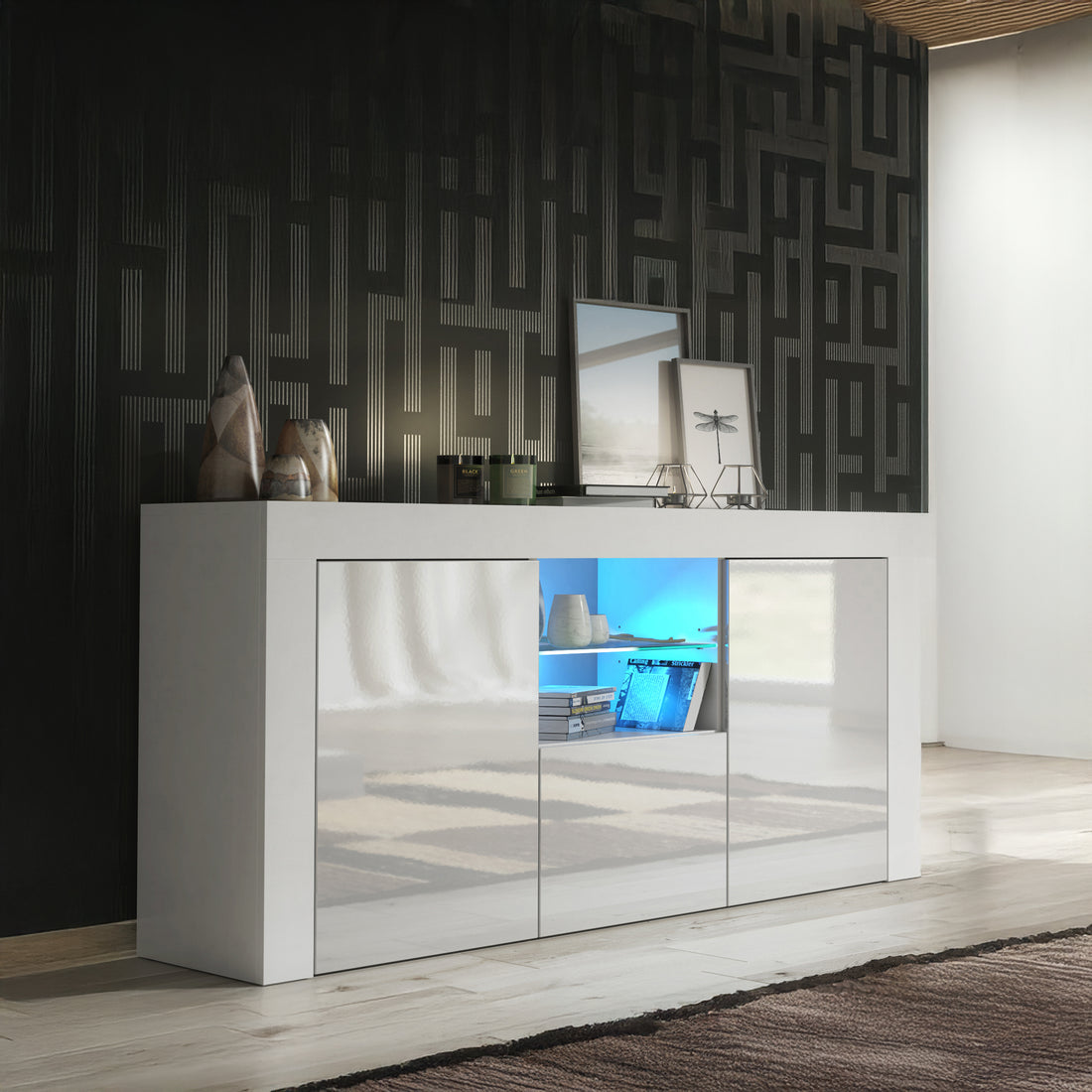LUNARO Sideboard – 145cm – High Gloss Doors – LED or Non-LED – Modern Sideboard Cabinet