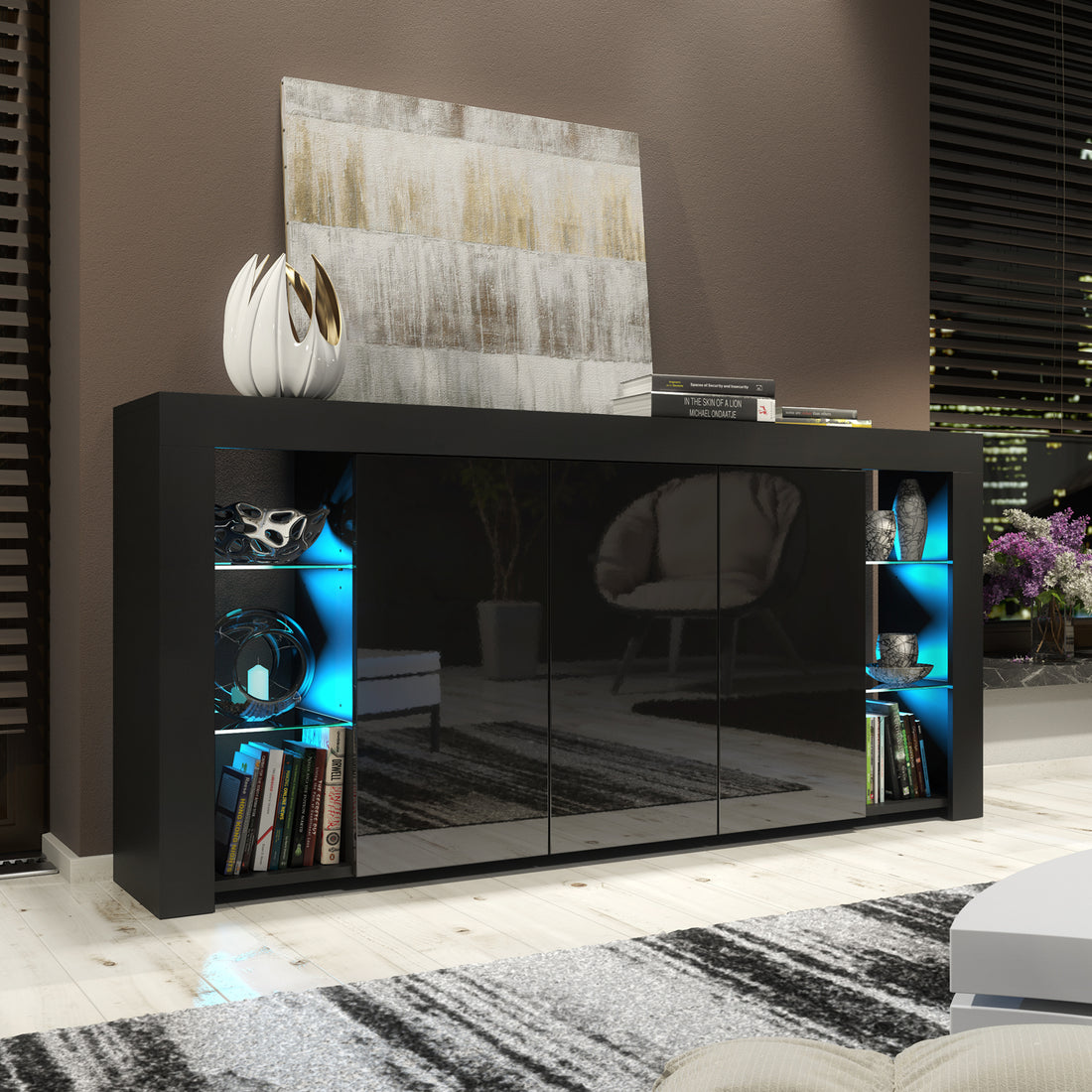 Sideboard Cabinet – 164cm – High Gloss Doors – LED or Non-LED – Modern Display Unit with Storage – LUNARO