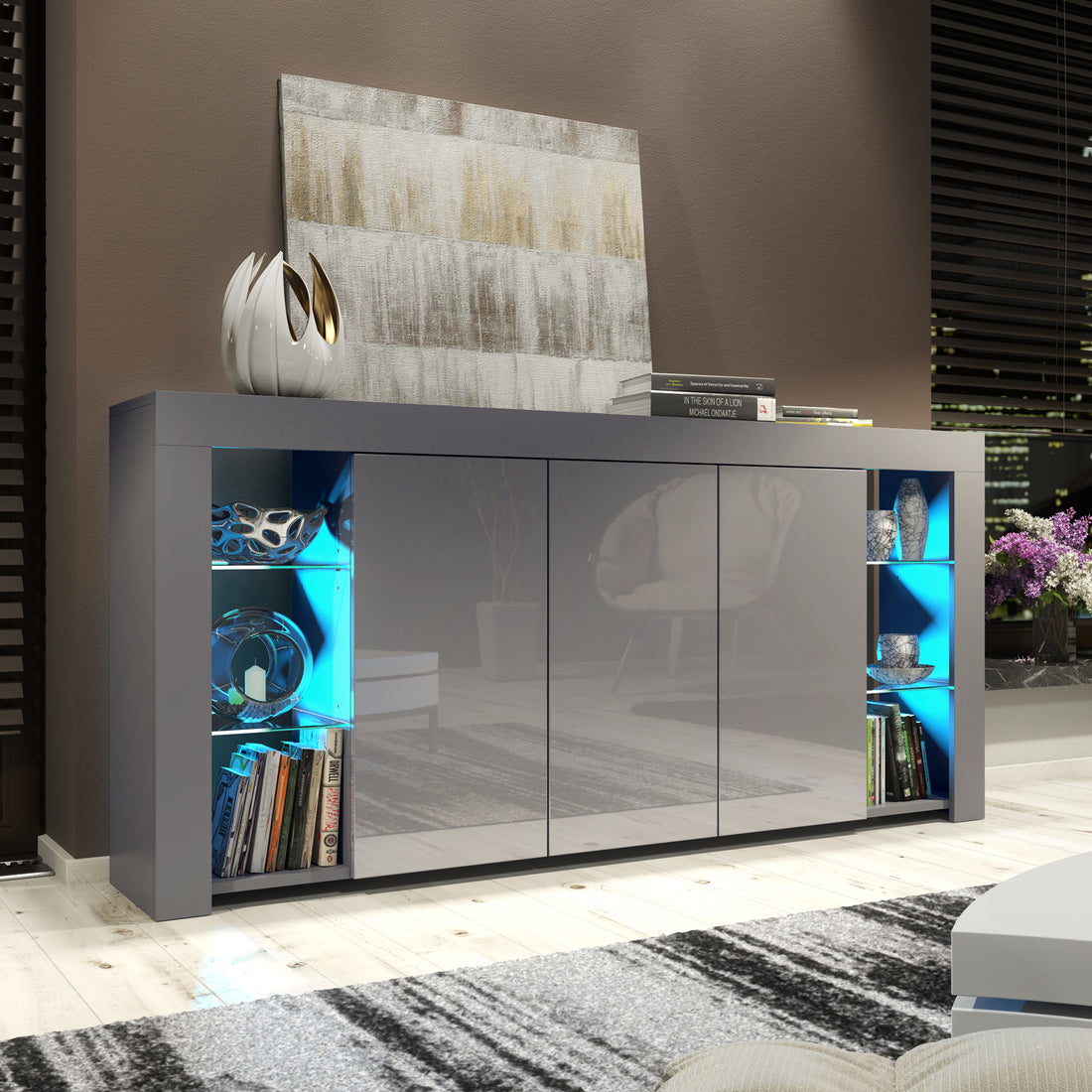 Sideboard Cabinet – 164cm – High Gloss Doors – LED or Non-LED – Modern Display Unit with Storage – LUNARO