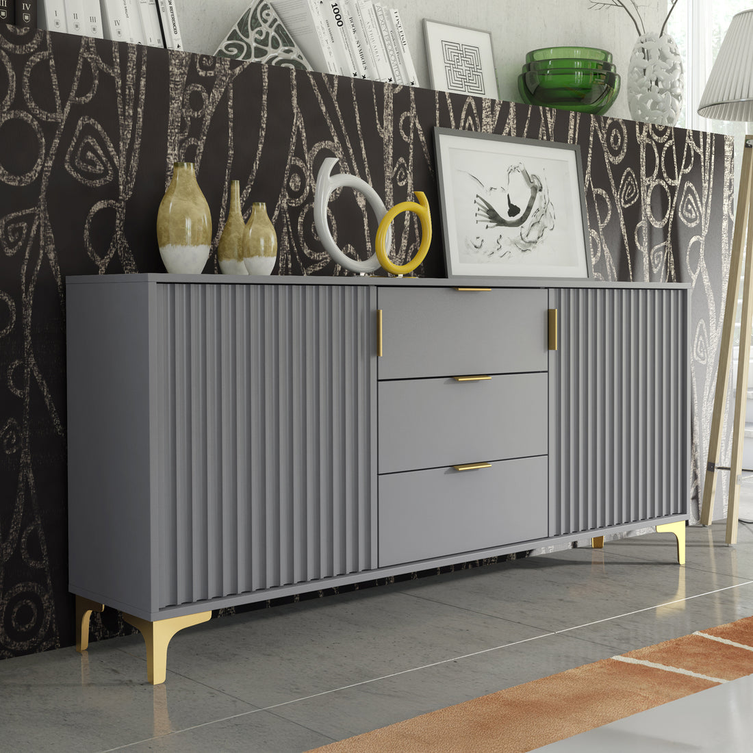 Sideboard – 140cm – Grooved Doors – Gold Legs – Storage Cabinet – LIVARO Collection