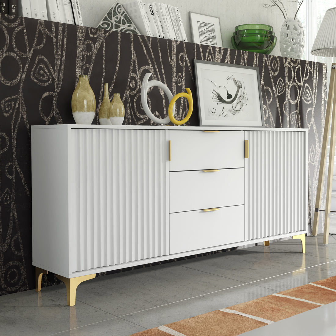 Sideboard – 140cm – Grooved Doors – Gold Legs – Storage Cabinet – LIVARO Collection