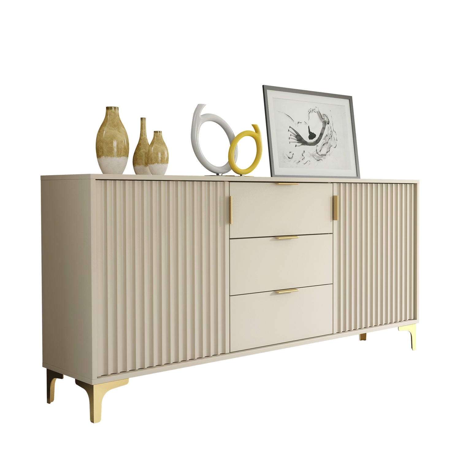 Sideboard – 140cm – Grooved Doors – Gold Legs – Storage Cabinet – LIVARO Collection