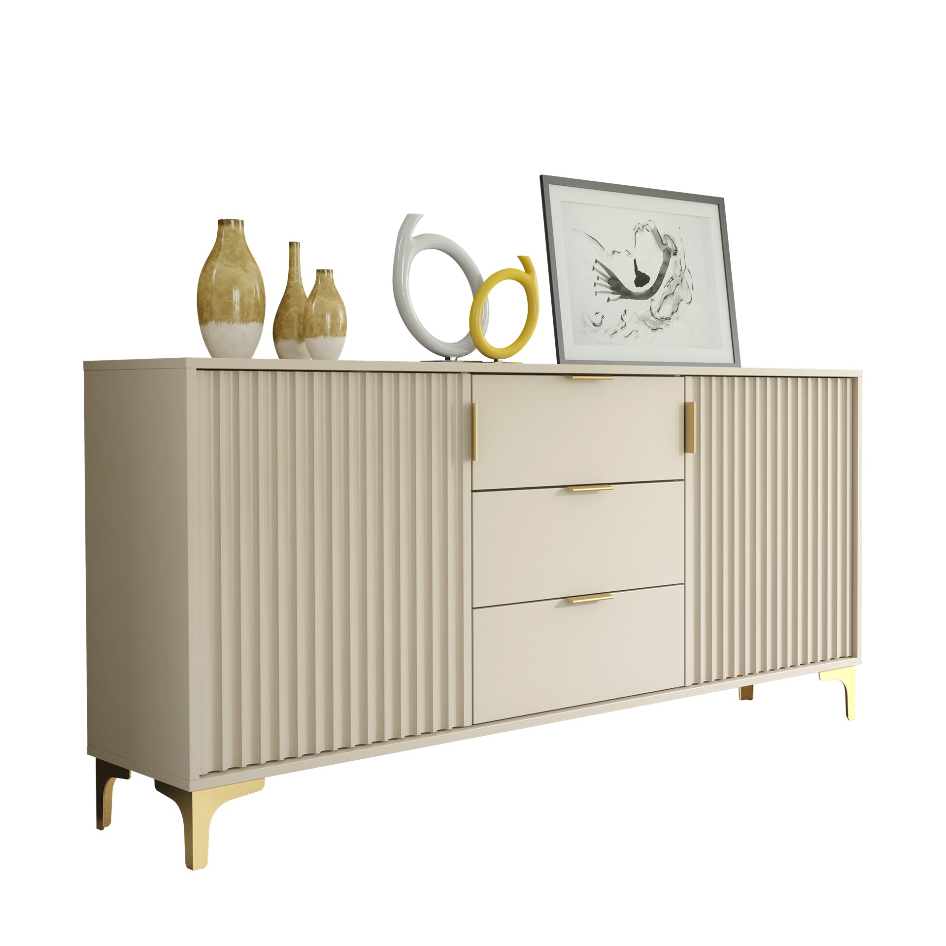 Sideboard – 140cm – Grooved Doors – Gold Legs – Storage Cabinet – LIVARO Collection