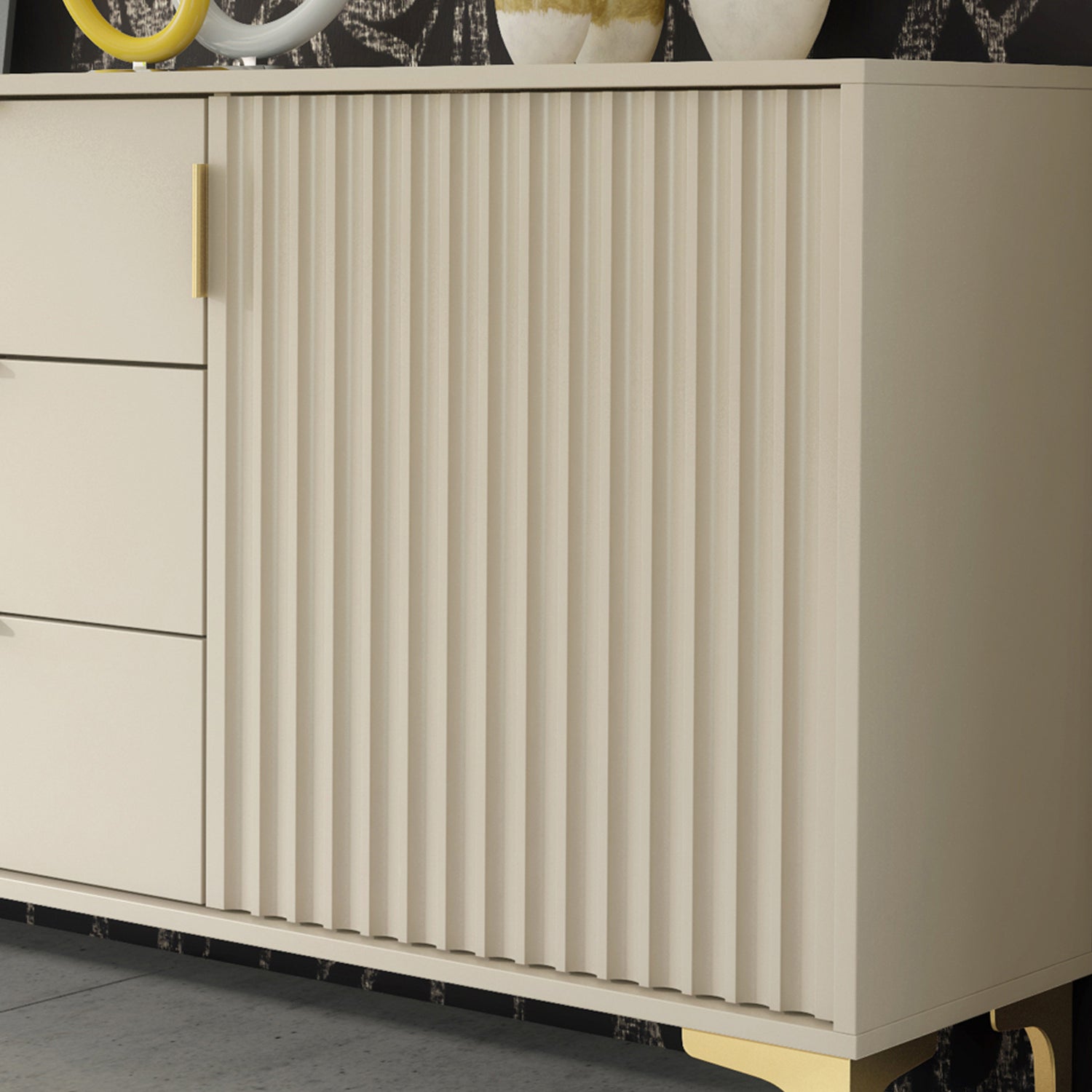 Sideboard – 140cm – Grooved Doors – Gold Legs – Storage Cabinet – LIVARO Collection