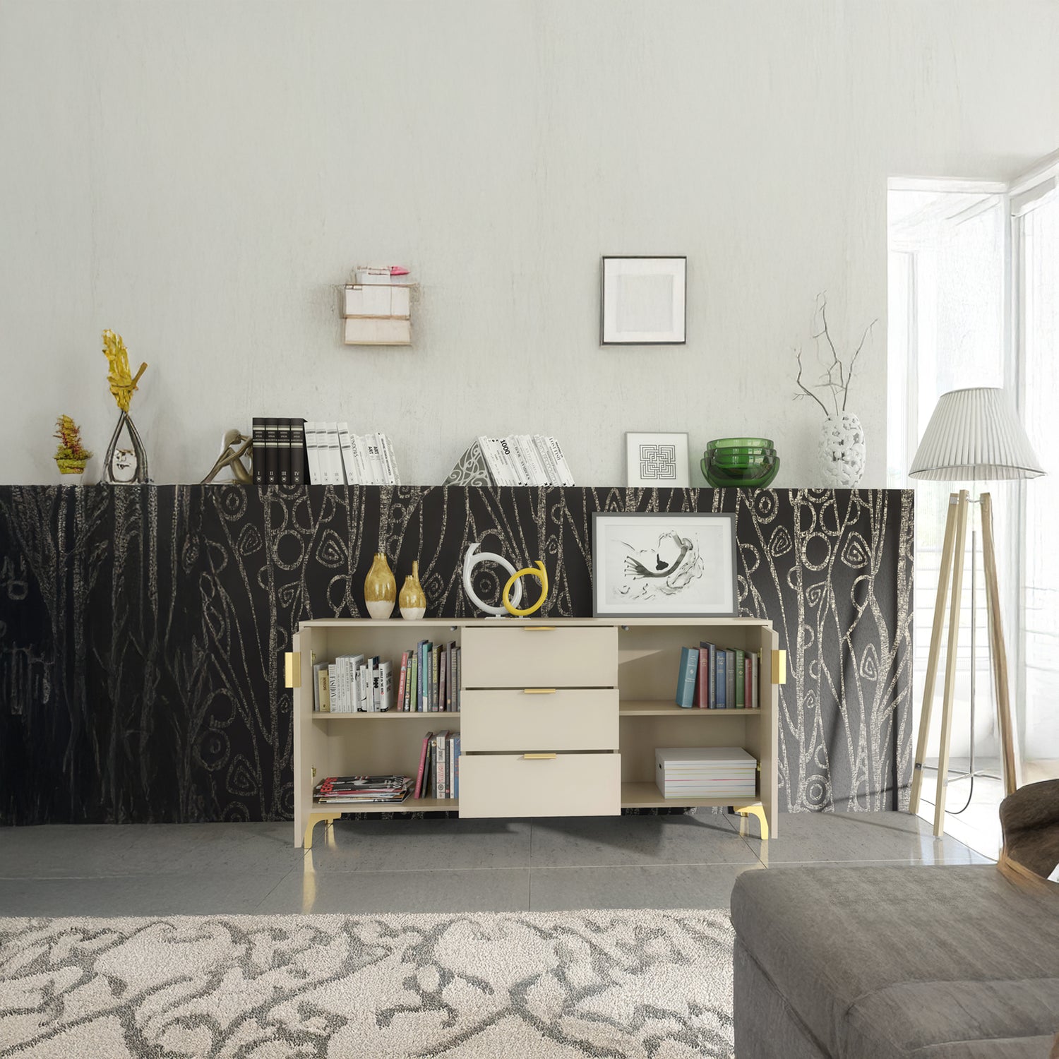 Sideboard – 140cm – Grooved Doors – Gold Legs – Storage Cabinet – LIVARO Collection