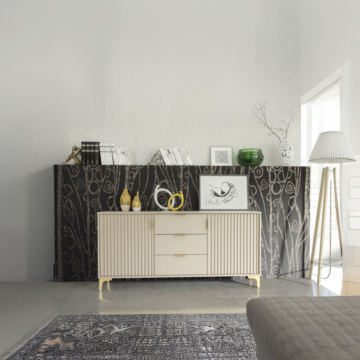 Sideboard – 140cm – Grooved Doors – Gold Legs – Storage Cabinet – LIVARO Collection
