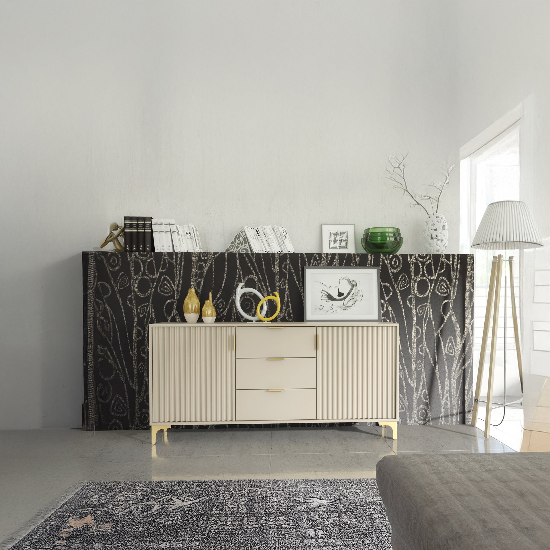 Sideboard – 140cm – Grooved Doors – Gold Legs – Storage Cabinet – LIVARO Collection