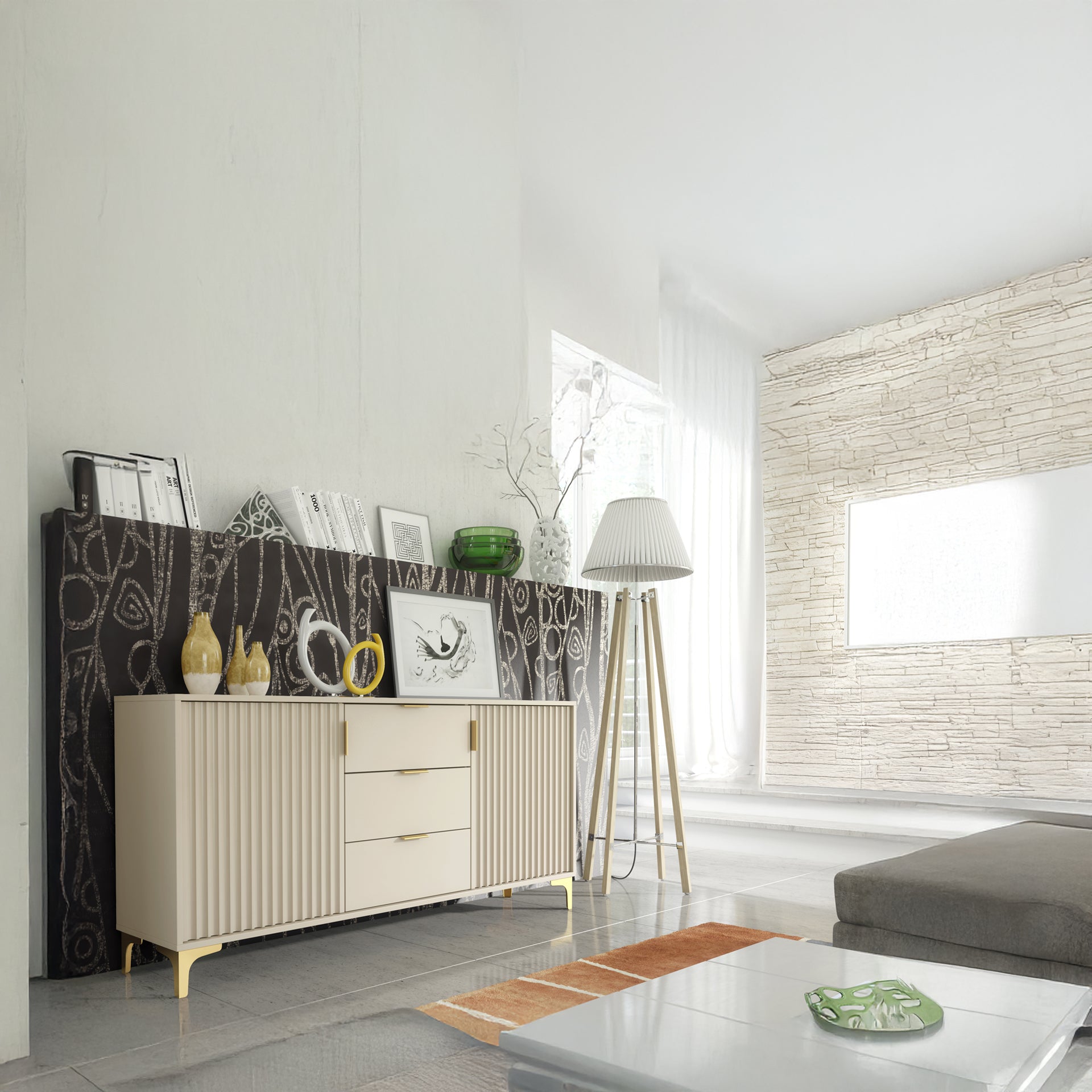 Sideboard – 140cm – Grooved Doors – Gold Legs – Storage Cabinet – LIVARO Collection