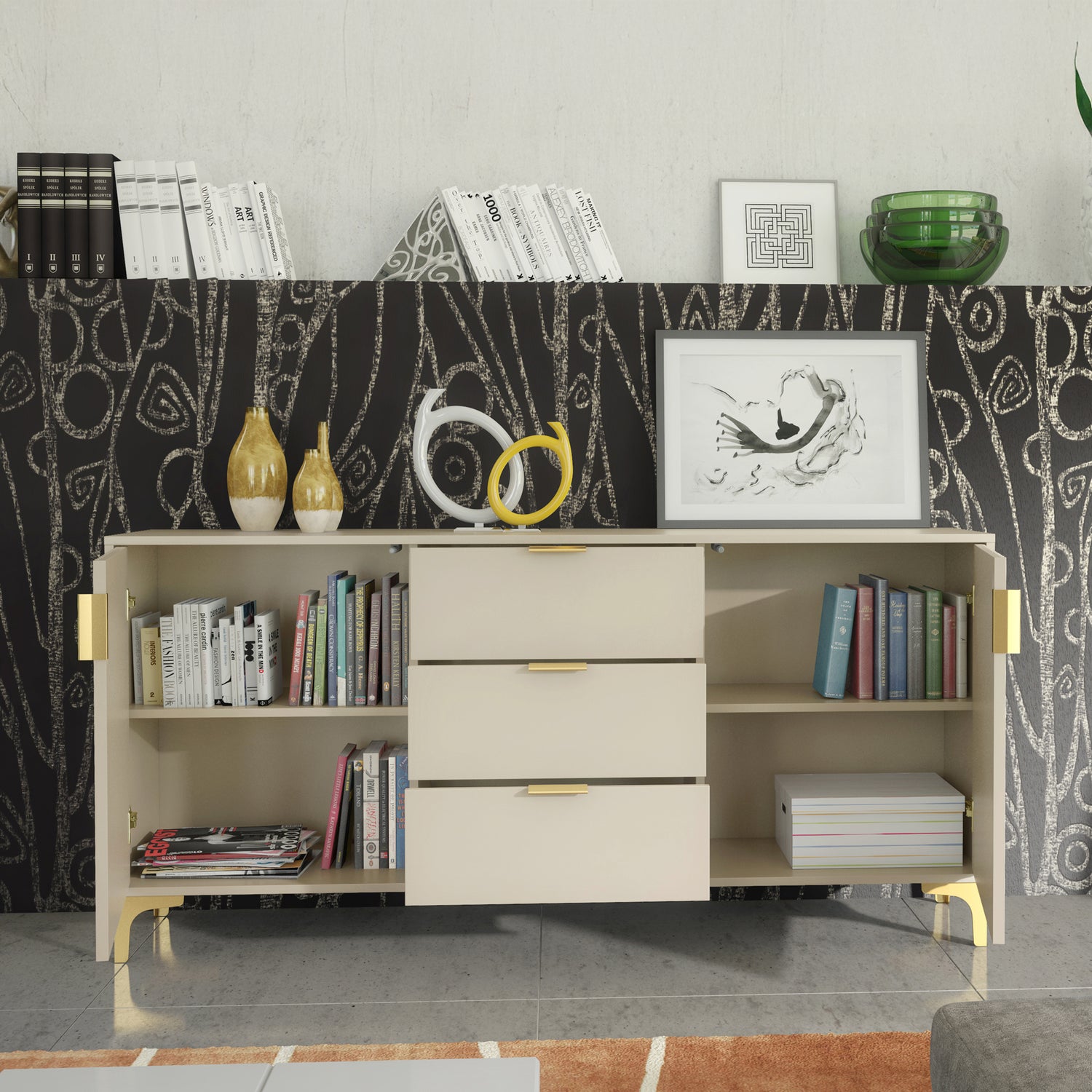 Sideboard – 140cm – Grooved Doors – Gold Legs – Storage Cabinet – LIVARO Collection