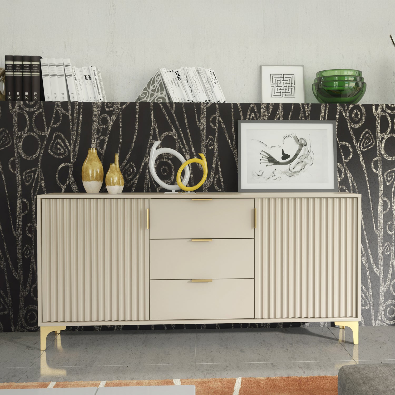 Sideboard – 140cm – Grooved Doors – Gold Legs – Storage Cabinet – LIVARO Collection