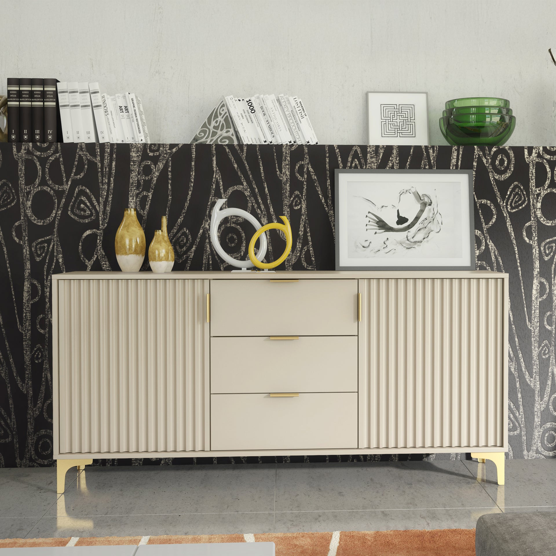 Sideboard – 140cm – Grooved Doors – Gold Legs – Storage Cabinet – LIVARO Collection