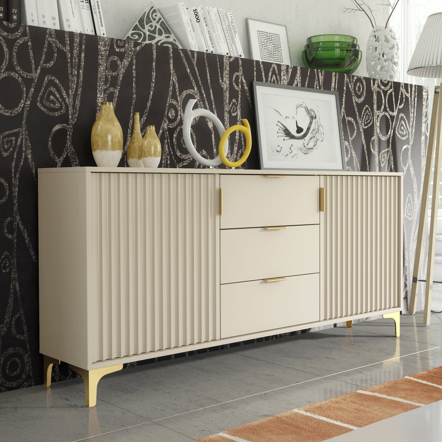 Sideboard – 140cm – Grooved Doors – Gold Legs – Storage Cabinet – LIVARO Collection