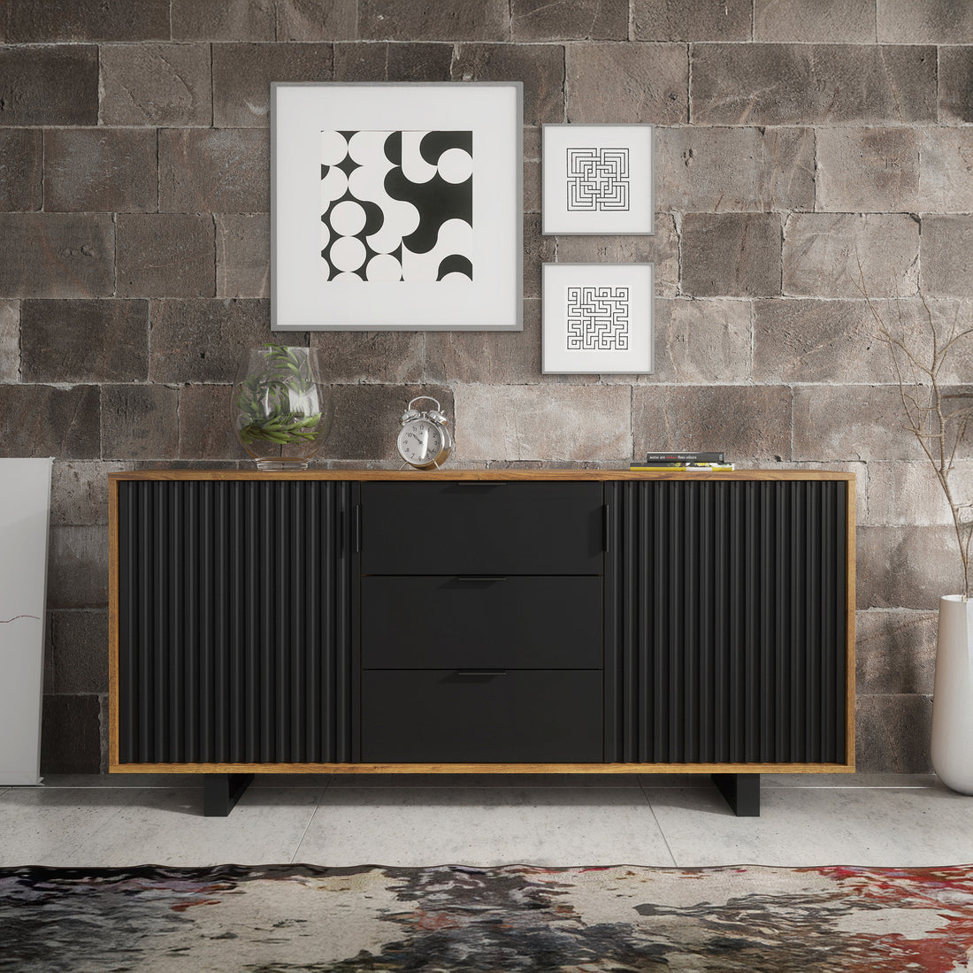 Sideboard – 140cm – Grooved Doors – Black Handles – Modern Storage Cabinet – TERRANO Collection