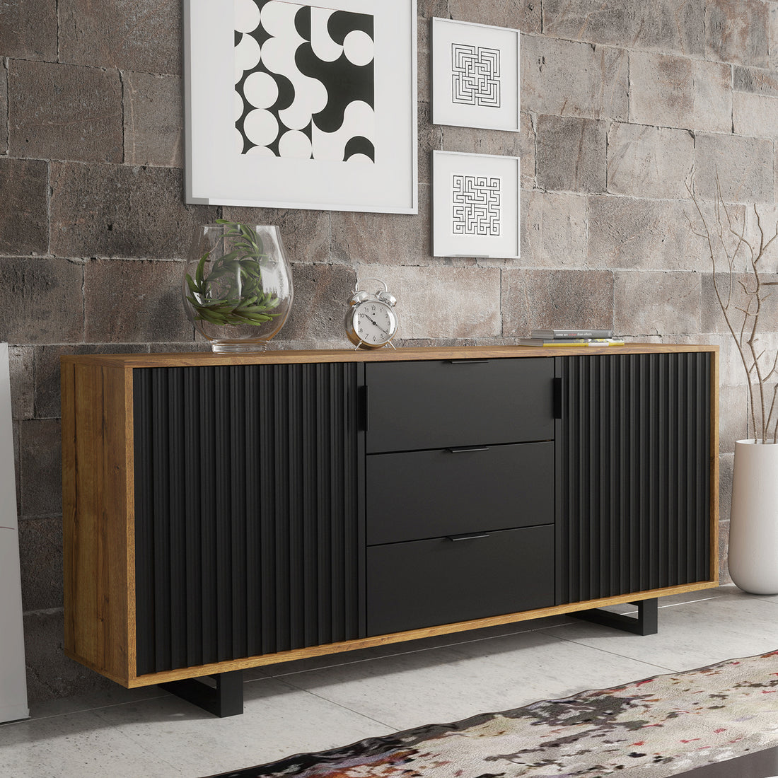 Sideboard – 140cm – Grooved Doors – Black Handles – Modern Storage Cabinet – TERRANO Collection