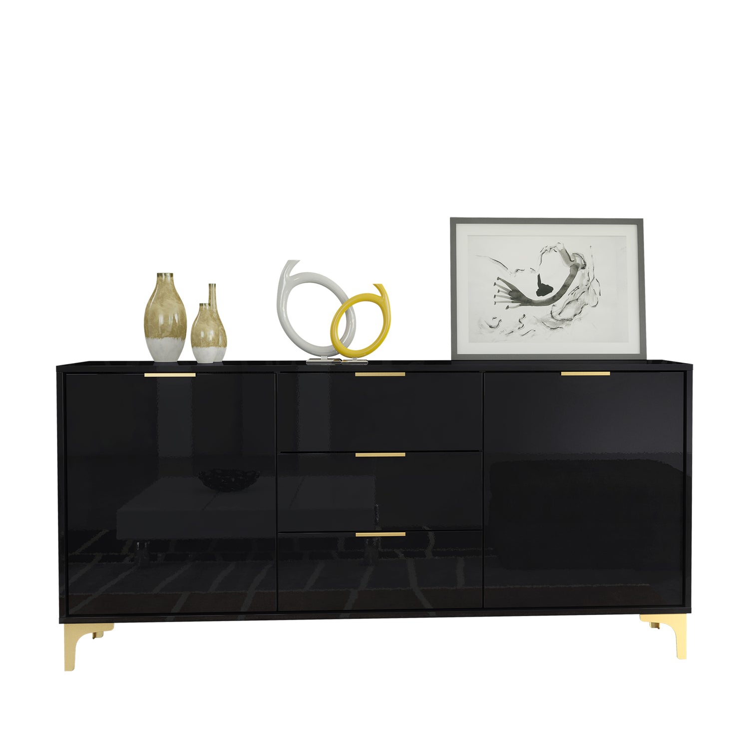 Sideboard – 140cm – High Gloss Finish – Gold Legs – Storage Cabinet – LUMINO Collection