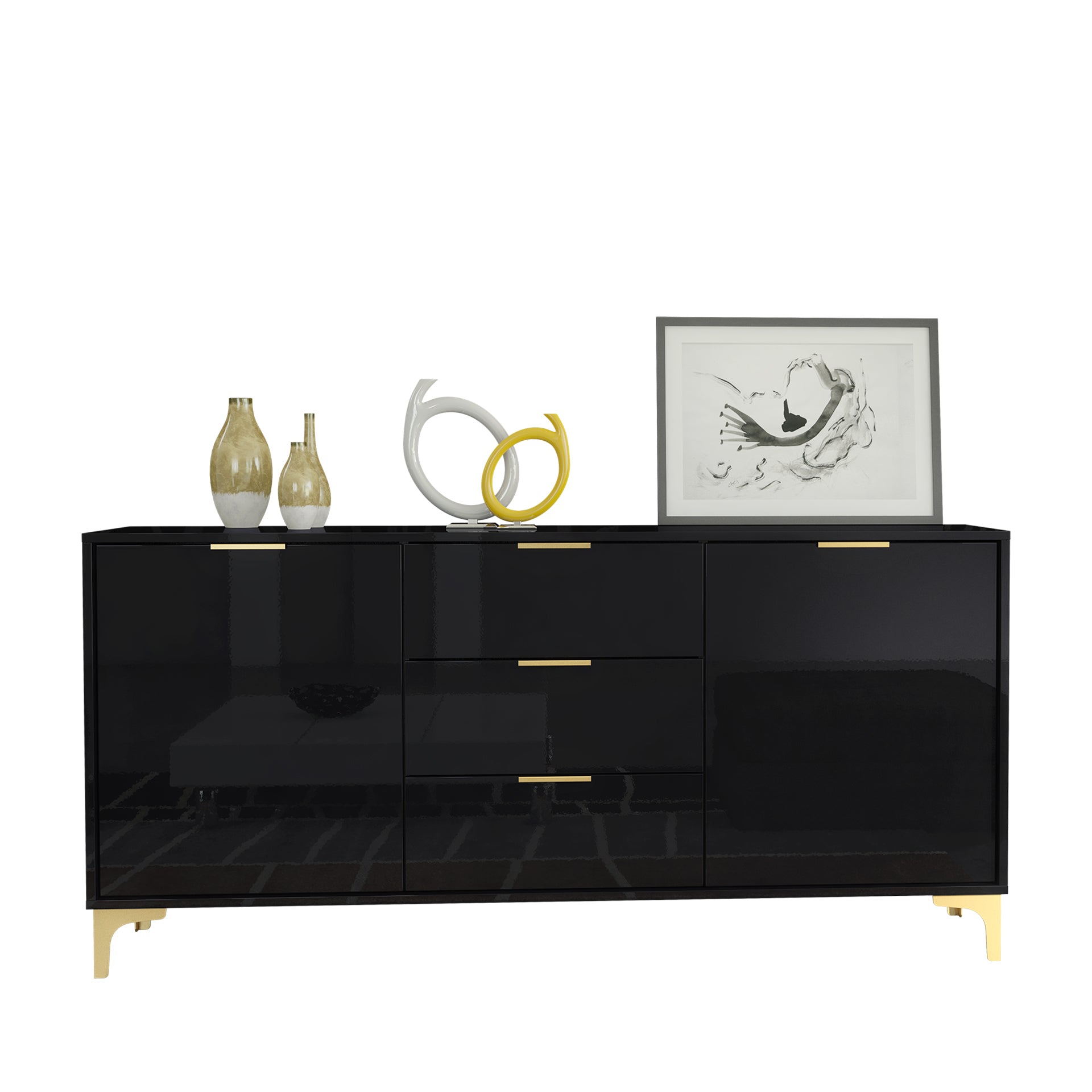 Sideboard – 140cm – High Gloss Finish – Gold Legs – Storage Cabinet – LUMINO Collection
