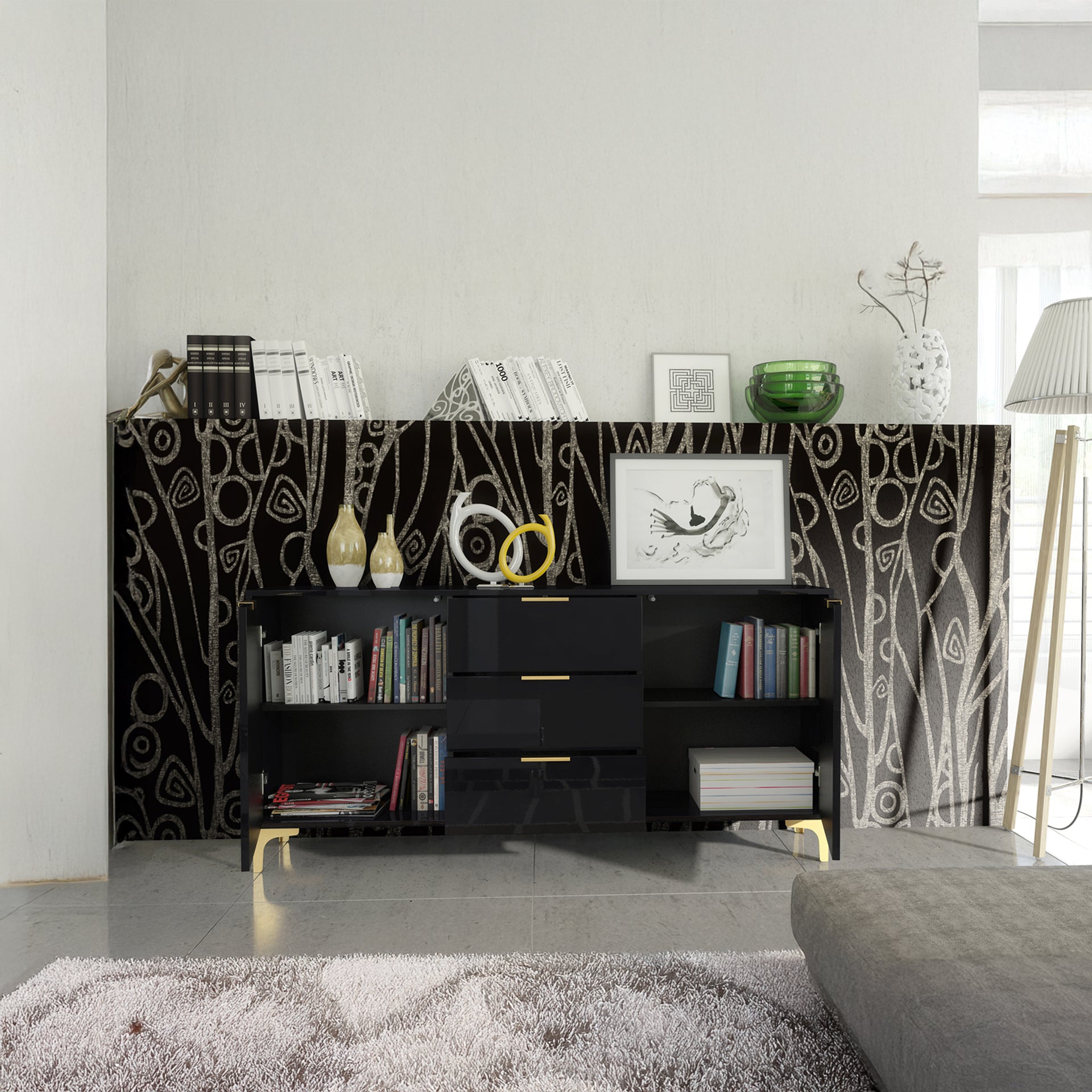 Sideboard – 140cm – High Gloss Finish – Gold Legs – Storage Cabinet – LUMINO Collection