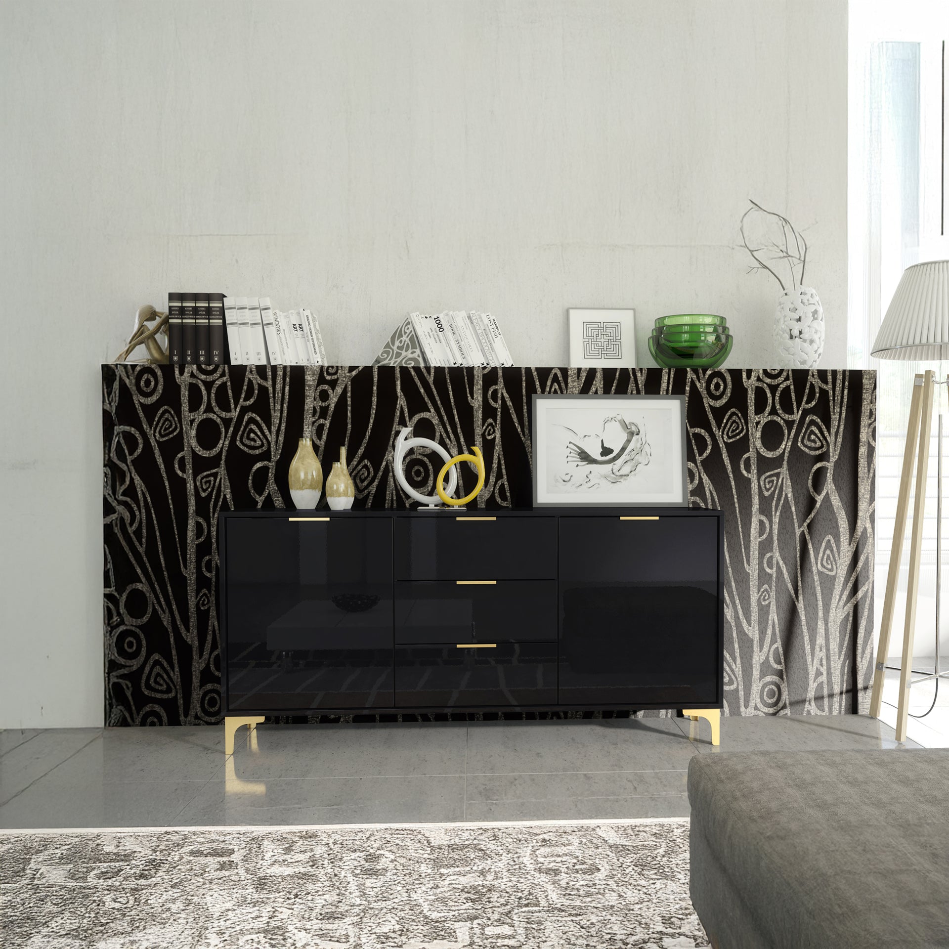 Sideboard – 140cm – High Gloss Finish – Gold Legs – Storage Cabinet – LUMINO Collection