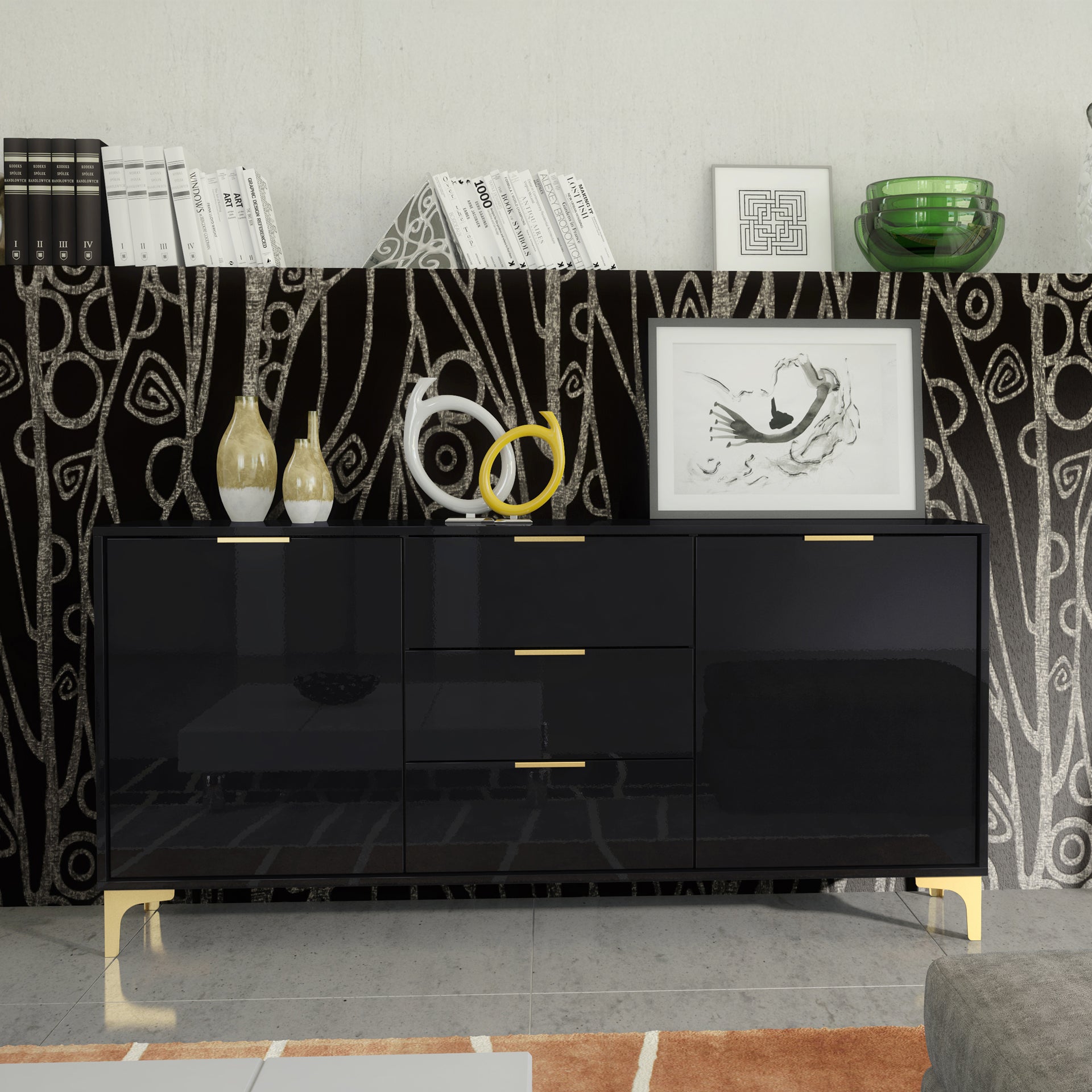 Sideboard – 140cm – High Gloss Finish – Gold Legs – Storage Cabinet – LUMINO Collection