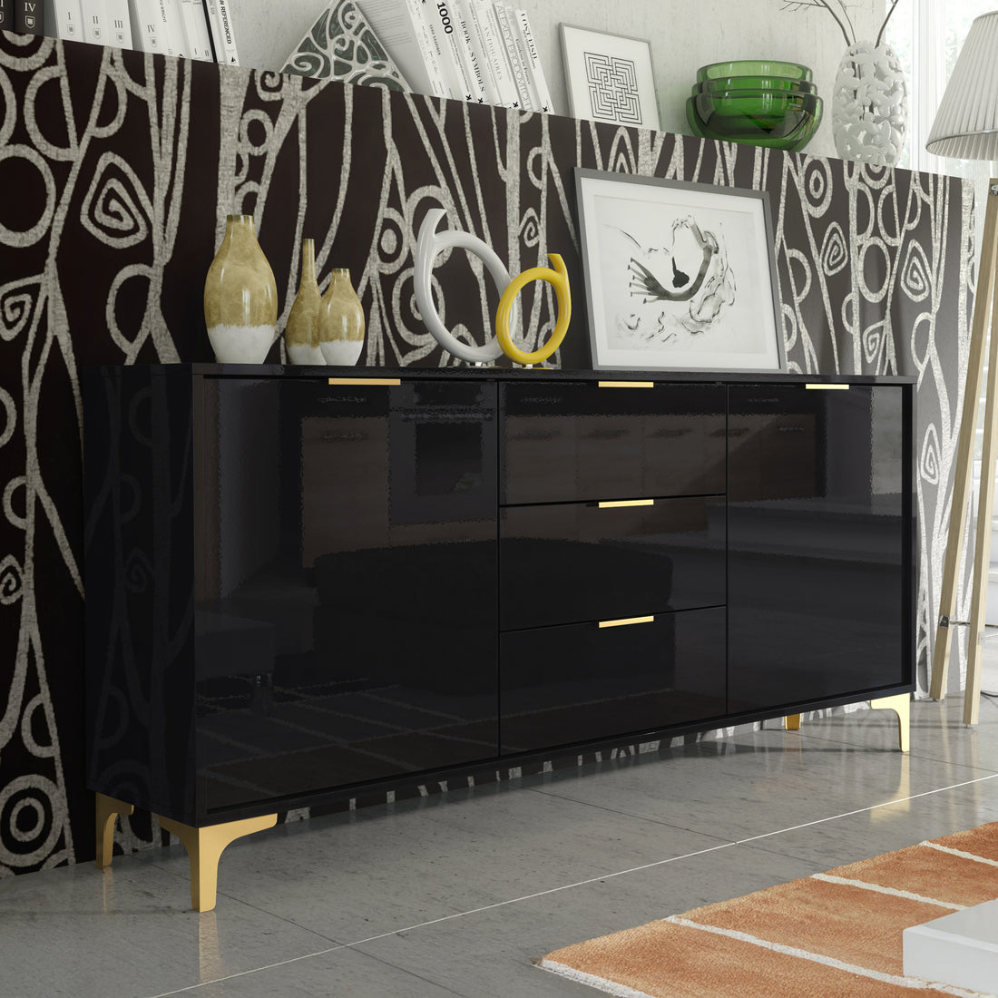 Sideboard – 140cm – High Gloss Finish – Gold Legs – Storage Cabinet – LUMINO Collection