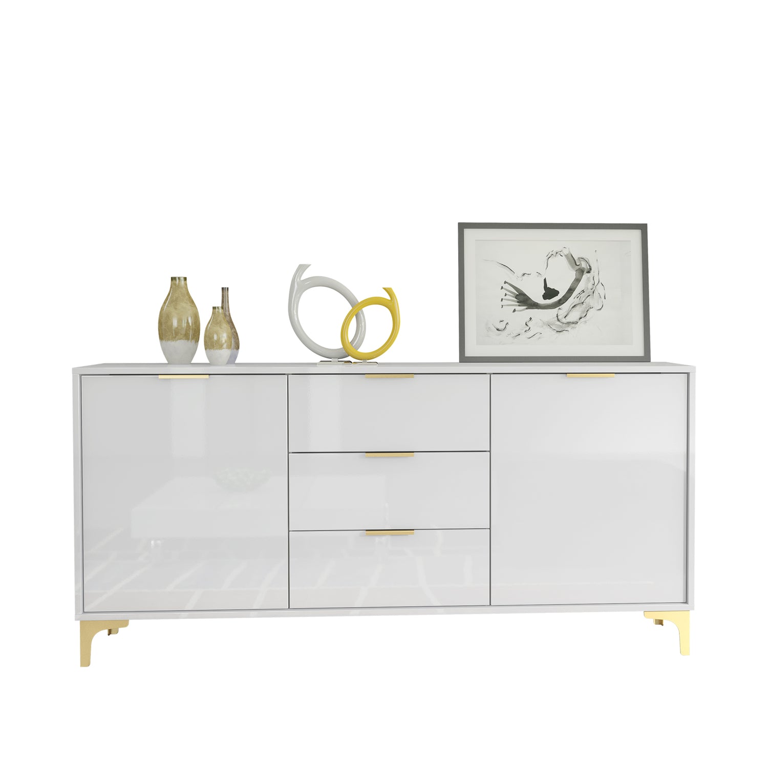Sideboard – 140cm – High Gloss Finish – Gold Legs – Storage Cabinet – LUMINO Collection