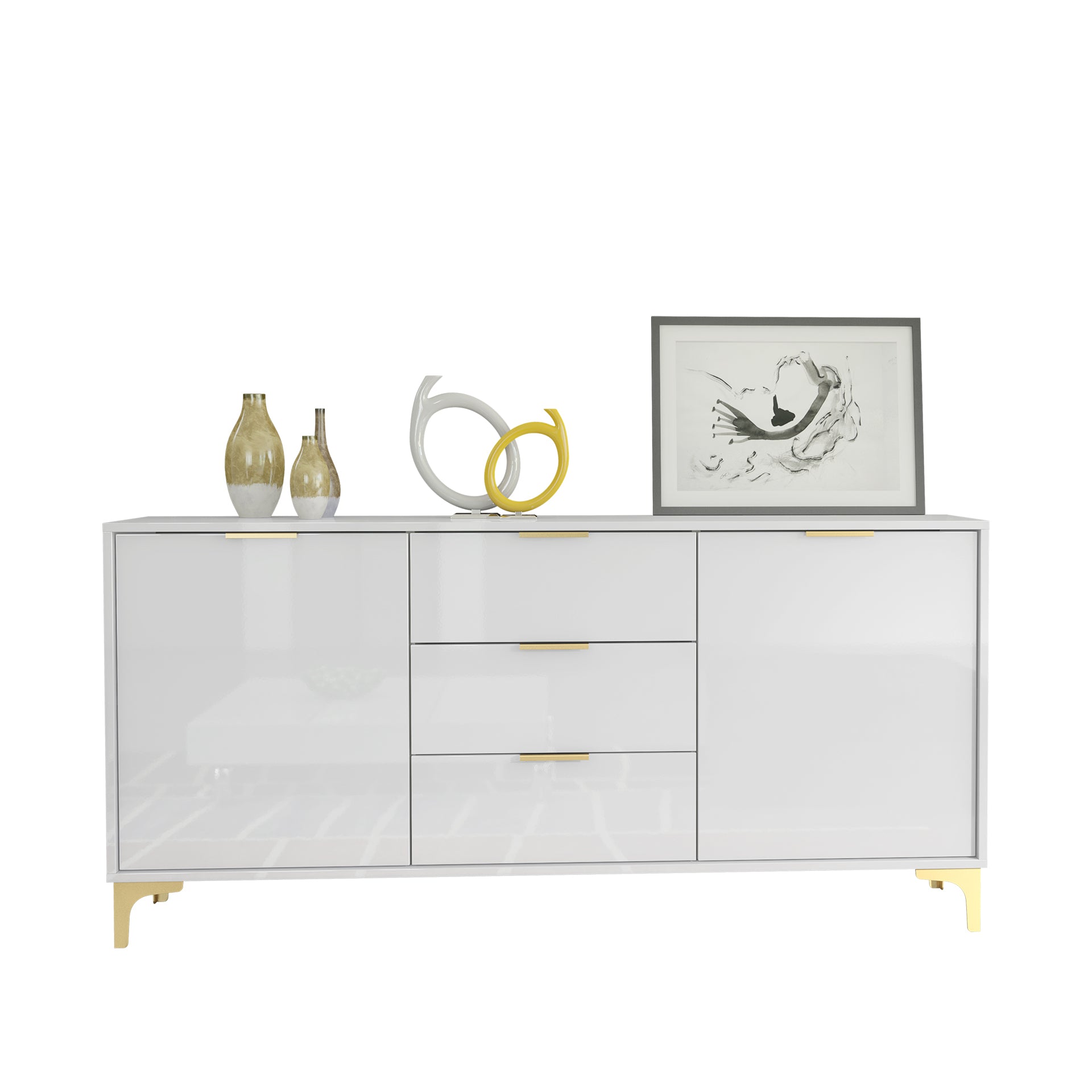 Sideboard – 140cm – High Gloss Finish – Gold Legs – Storage Cabinet – LUMINO Collection
