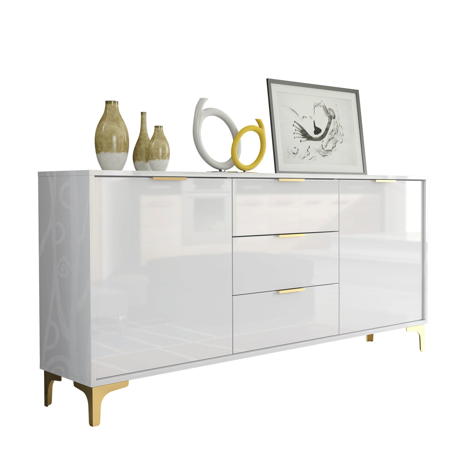 Sideboard – 140cm – High Gloss Finish – Gold Legs – Storage Cabinet – LUMINO Collection