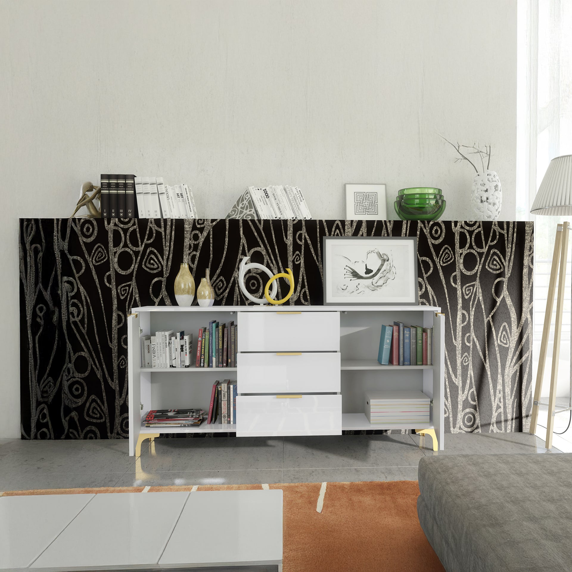 Sideboard – 140cm – High Gloss Finish – Gold Legs – Storage Cabinet – LUMINO Collection