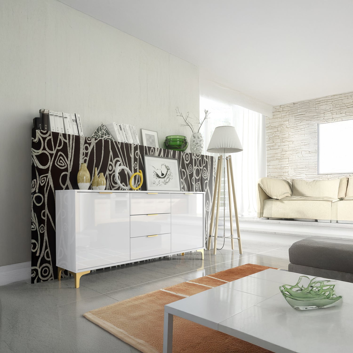 Sideboard – 140cm – High Gloss Finish – Gold Legs – Storage Cabinet – LUMINO Collection