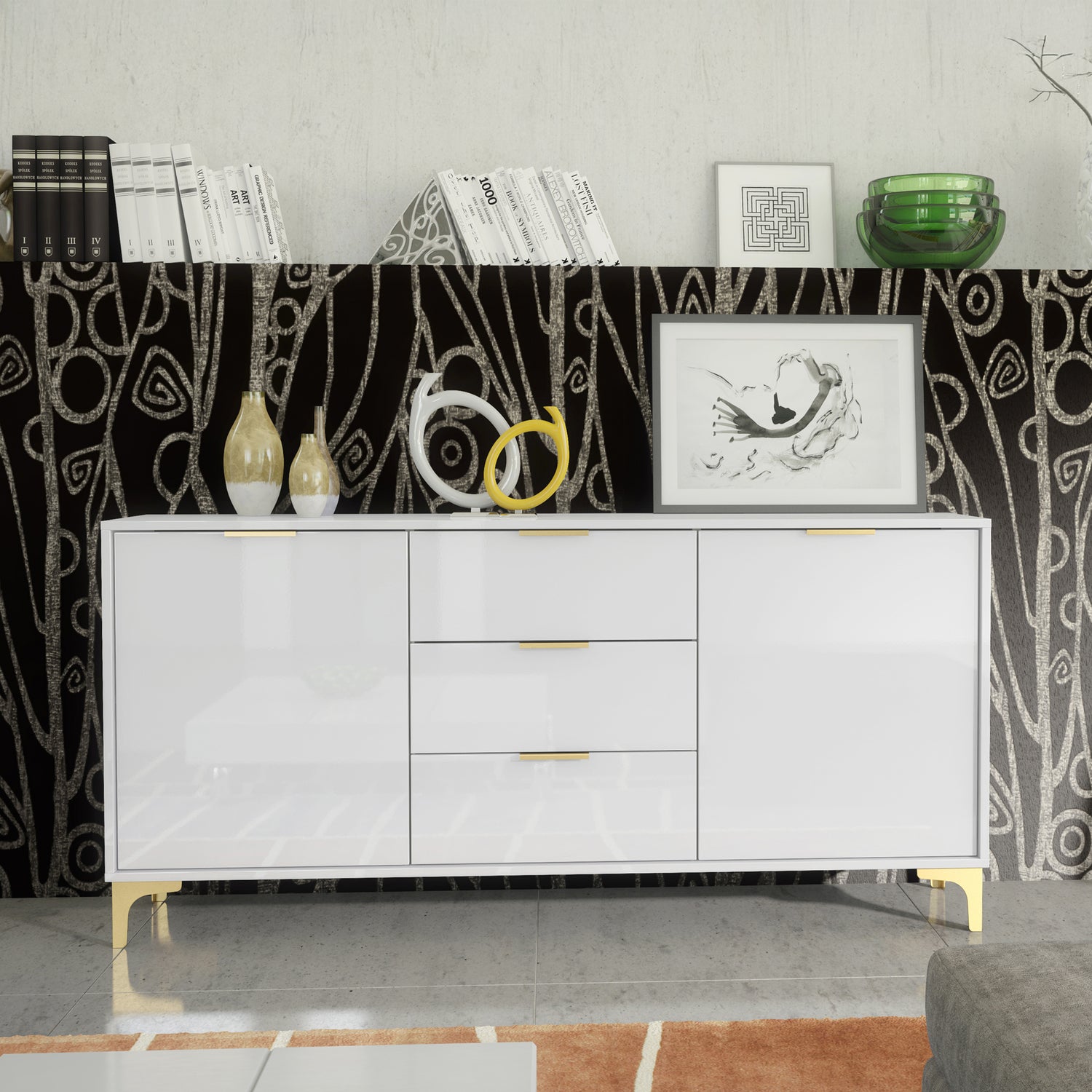 Sideboard – 140cm – High Gloss Finish – Gold Legs – Storage Cabinet – LUMINO Collection