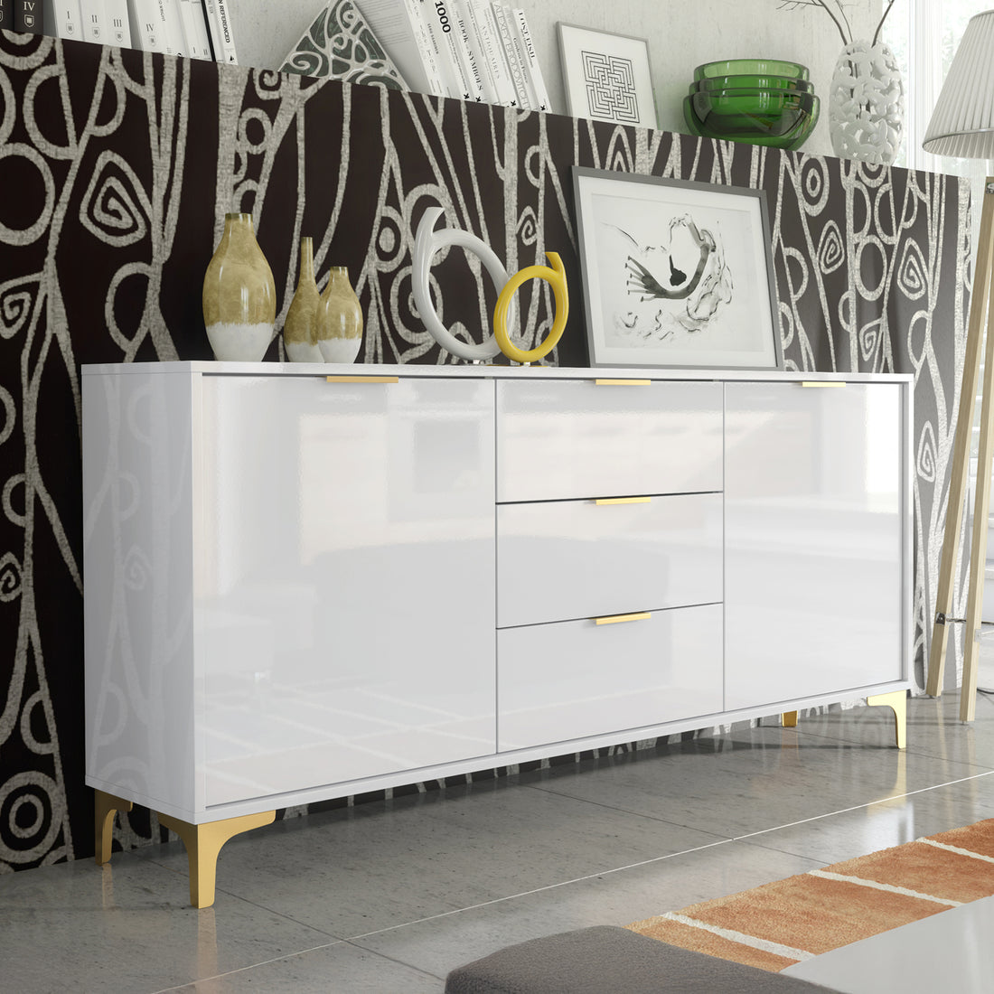 Sideboard – 140cm – High Gloss Finish – Gold Legs – Storage Cabinet – LUMINO Collection