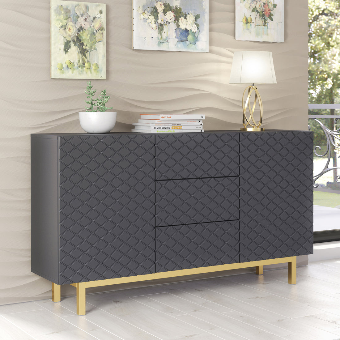 Sideboard – 140cm – Carved Doors – Gold Legs – Storage Cabinet – AVANA Collection