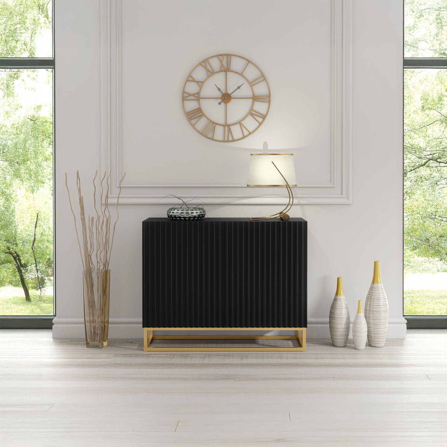 Sideboard Cabinet – 100cm – Fluted Doors – Push to Open – Gold Base – VESTA Collection