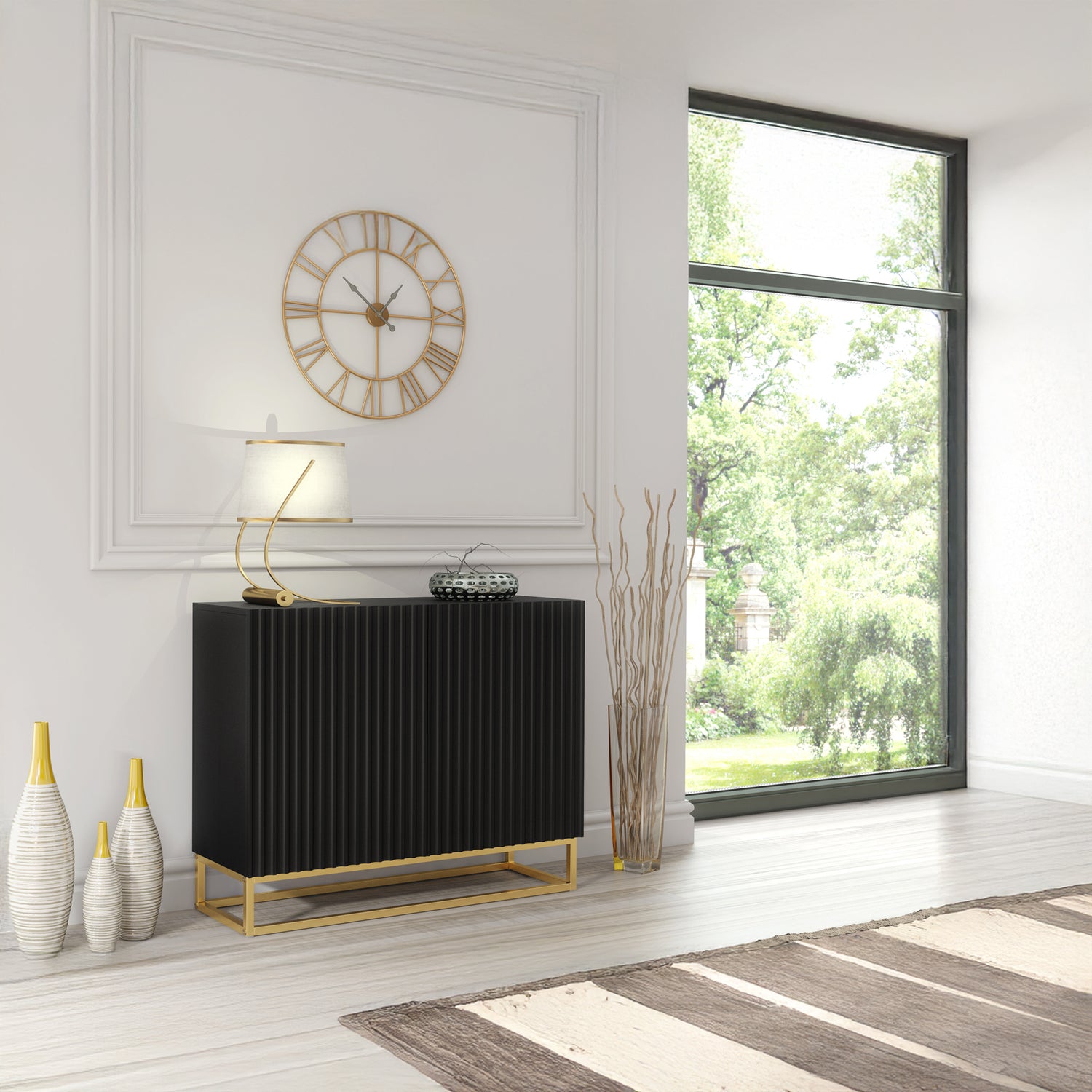 Sideboard Cabinet – 100cm – Fluted Doors – Push to Open – Gold Base – VESTA Collection