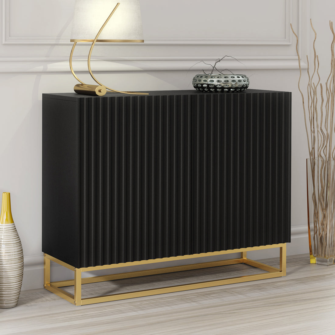 Sideboard Cabinet – 100cm – Fluted Doors – Push to Open – Gold Base – VESTA Collection