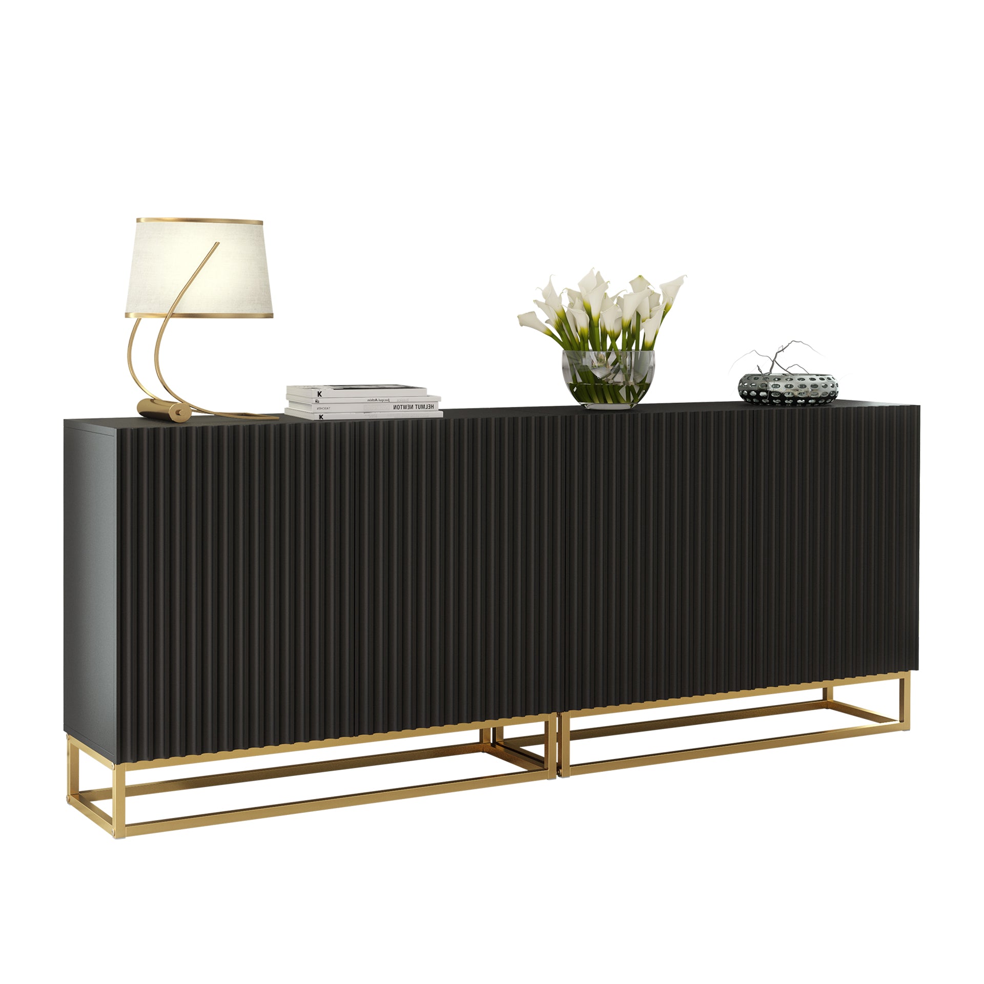 Sideboard Cabinet – 200cm – Fluted Doors – Push to Open – Gold Base – VESTA Collection