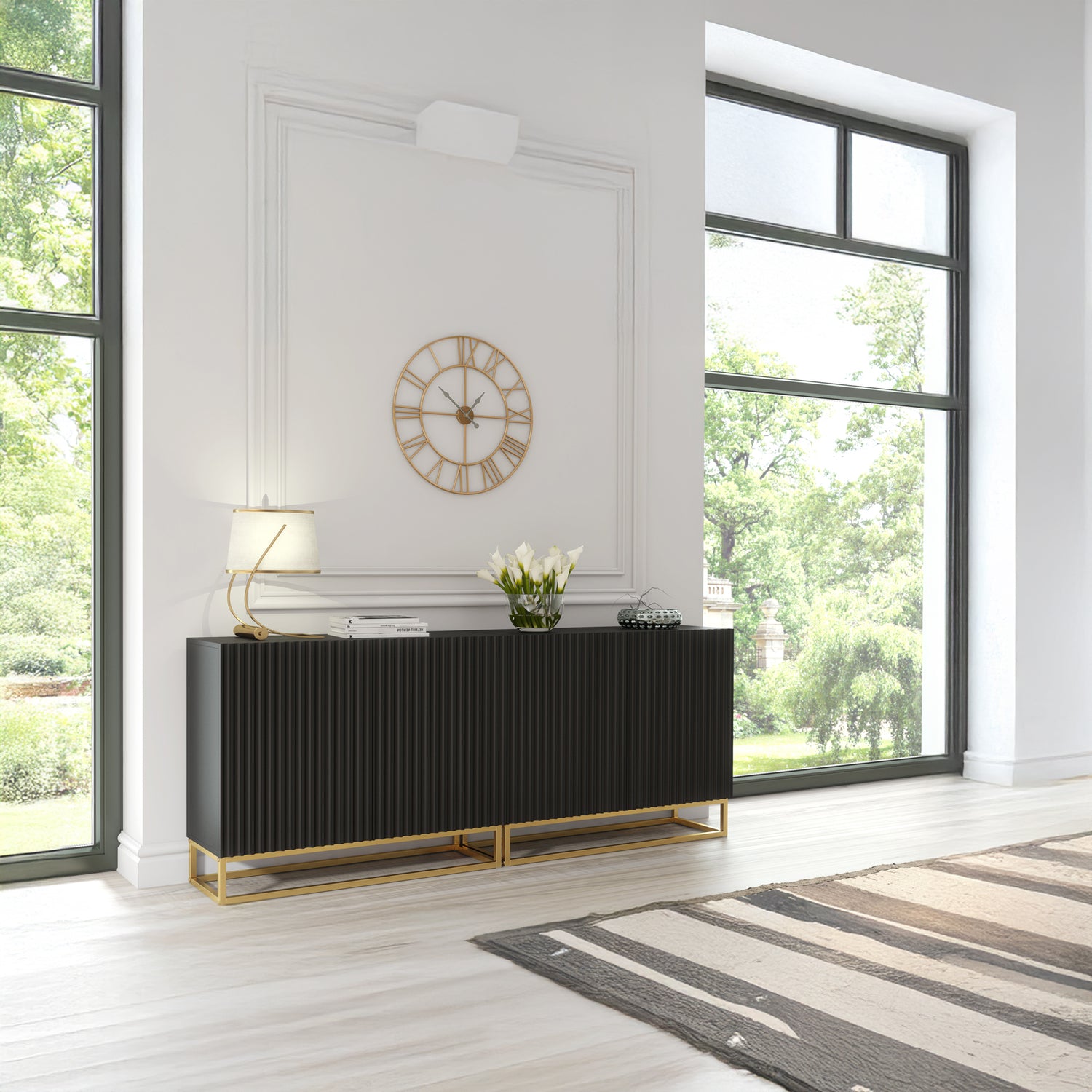 Sideboard Cabinet – 200cm – Fluted Doors – Push to Open – Gold Base – VESTA Collection