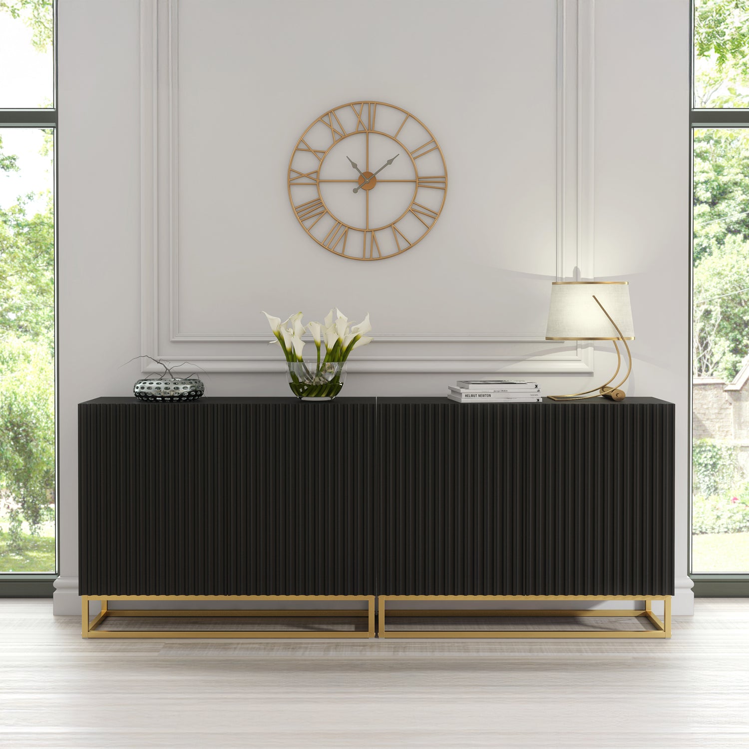 Sideboard Cabinet – 200cm – Fluted Doors – Push to Open – Gold Base – VESTA Collection