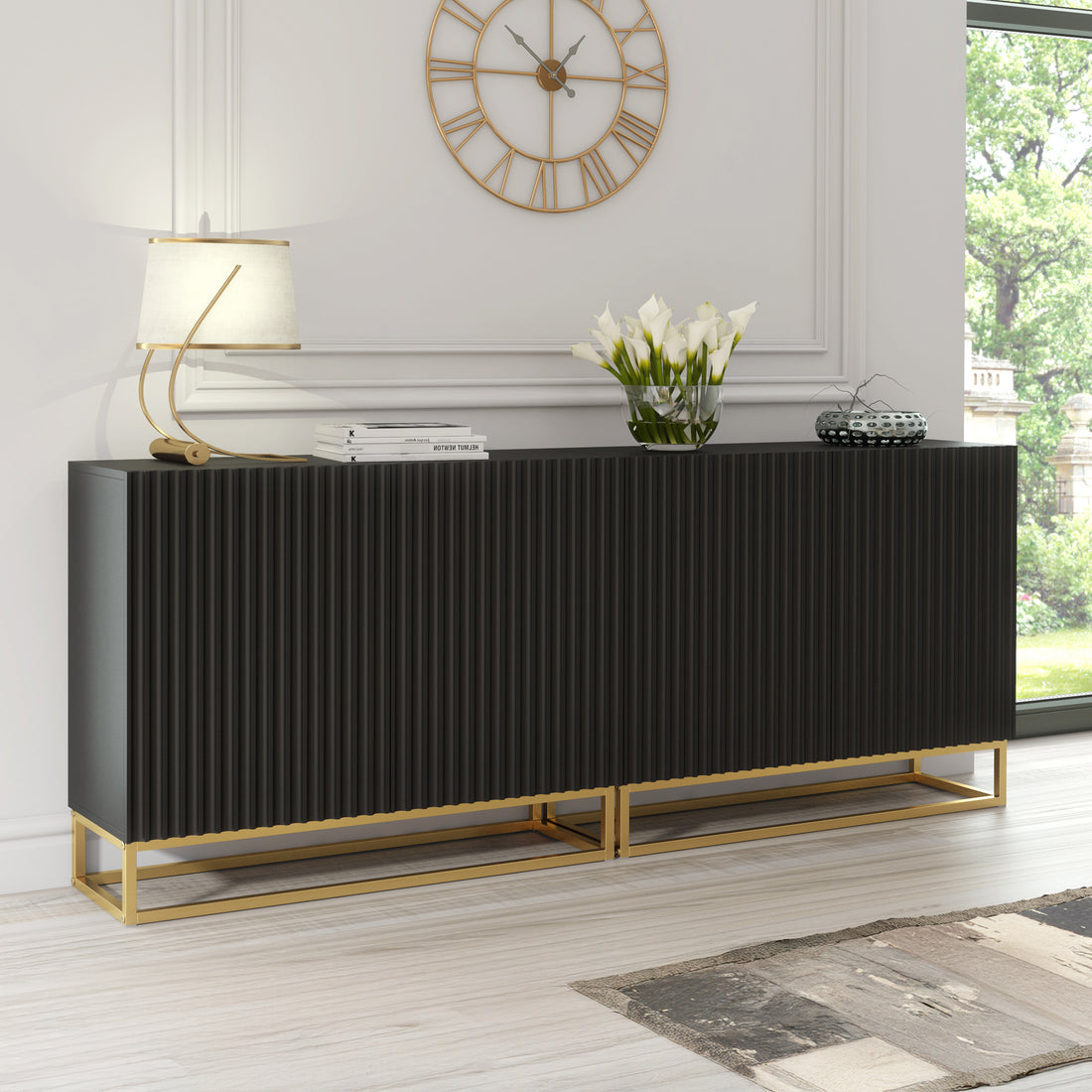 Sideboard Cabinet – 200cm – Fluted Doors – Push to Open – Gold Base – VESTA Collection