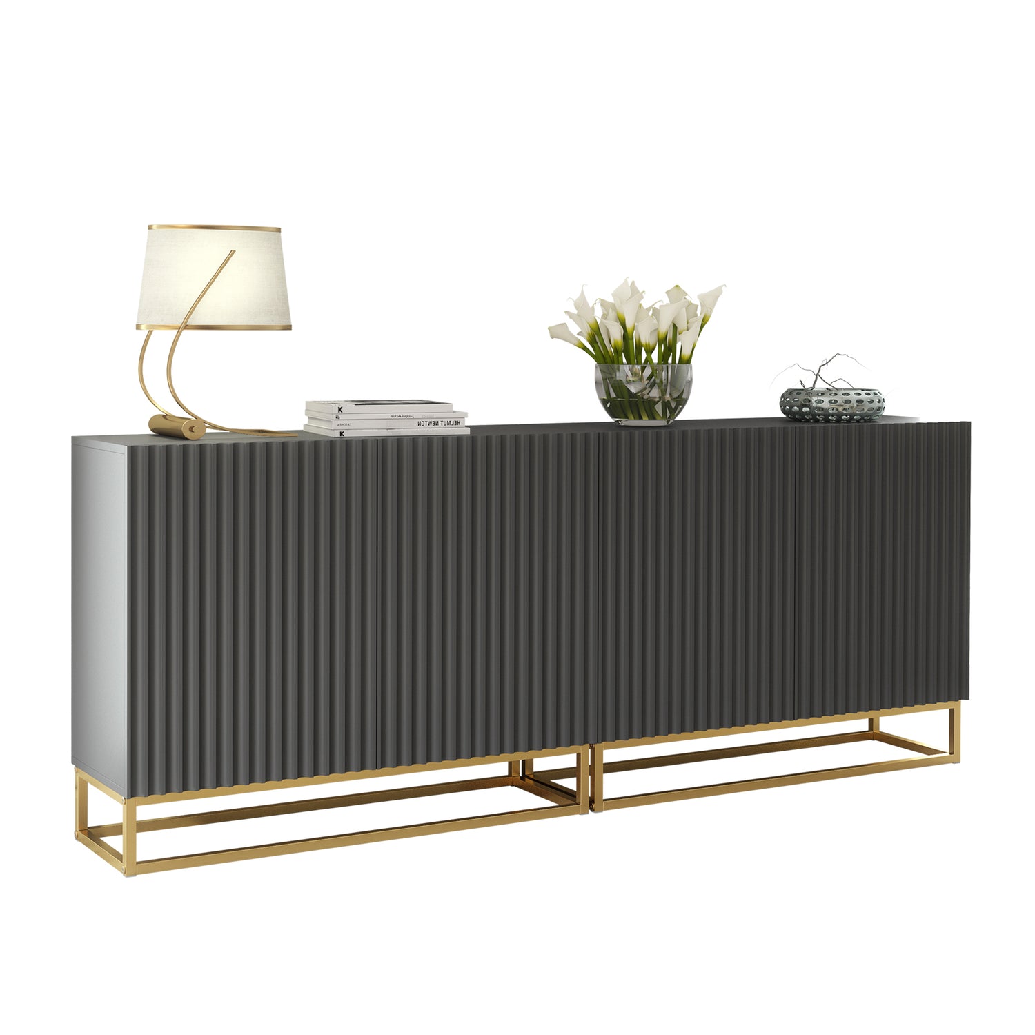 Sideboard Cabinet – 200cm – Fluted Doors – Push to Open – Gold Base – VESTA Collection
