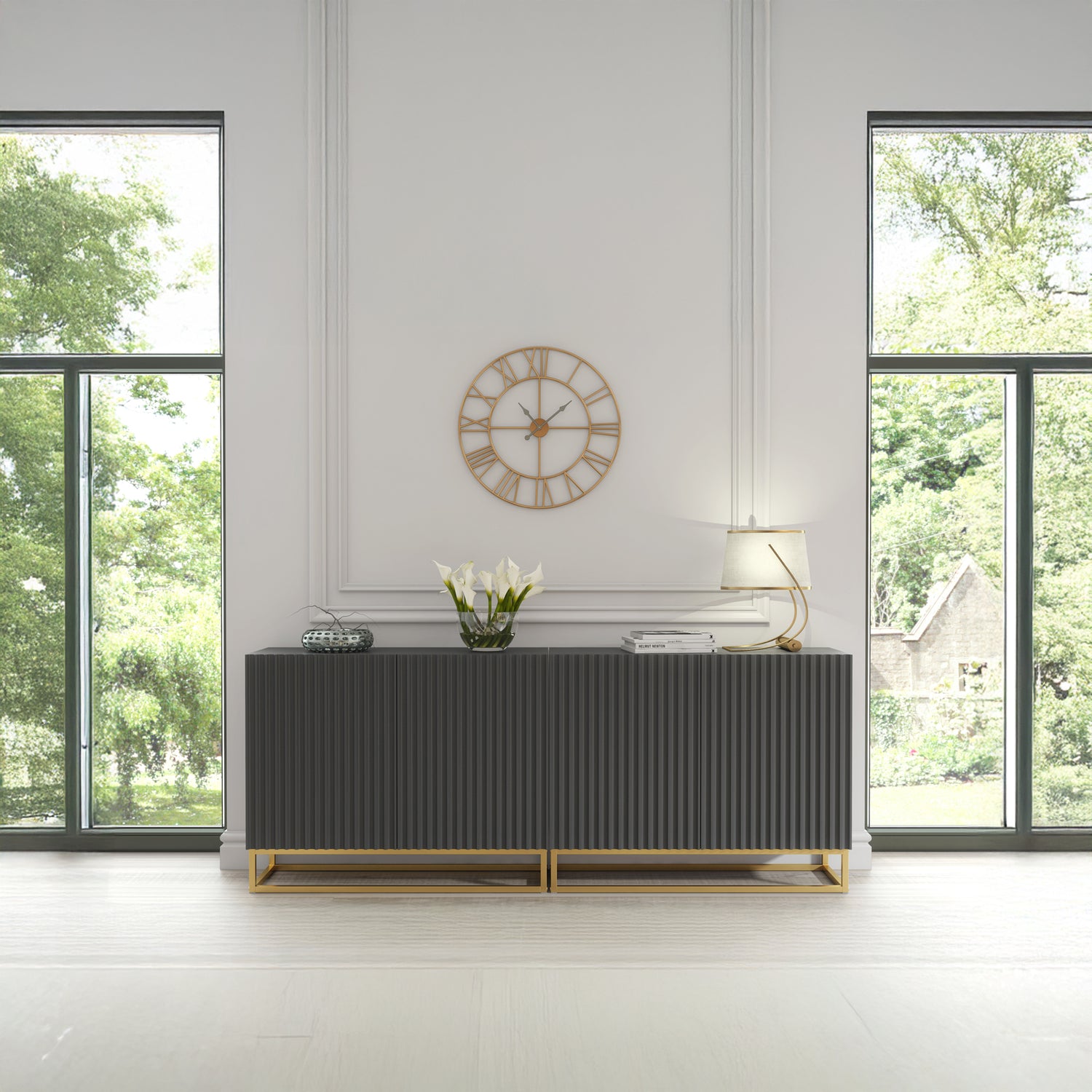 Sideboard Cabinet – 200cm – Fluted Doors – Push to Open – Gold Base – VESTA Collection