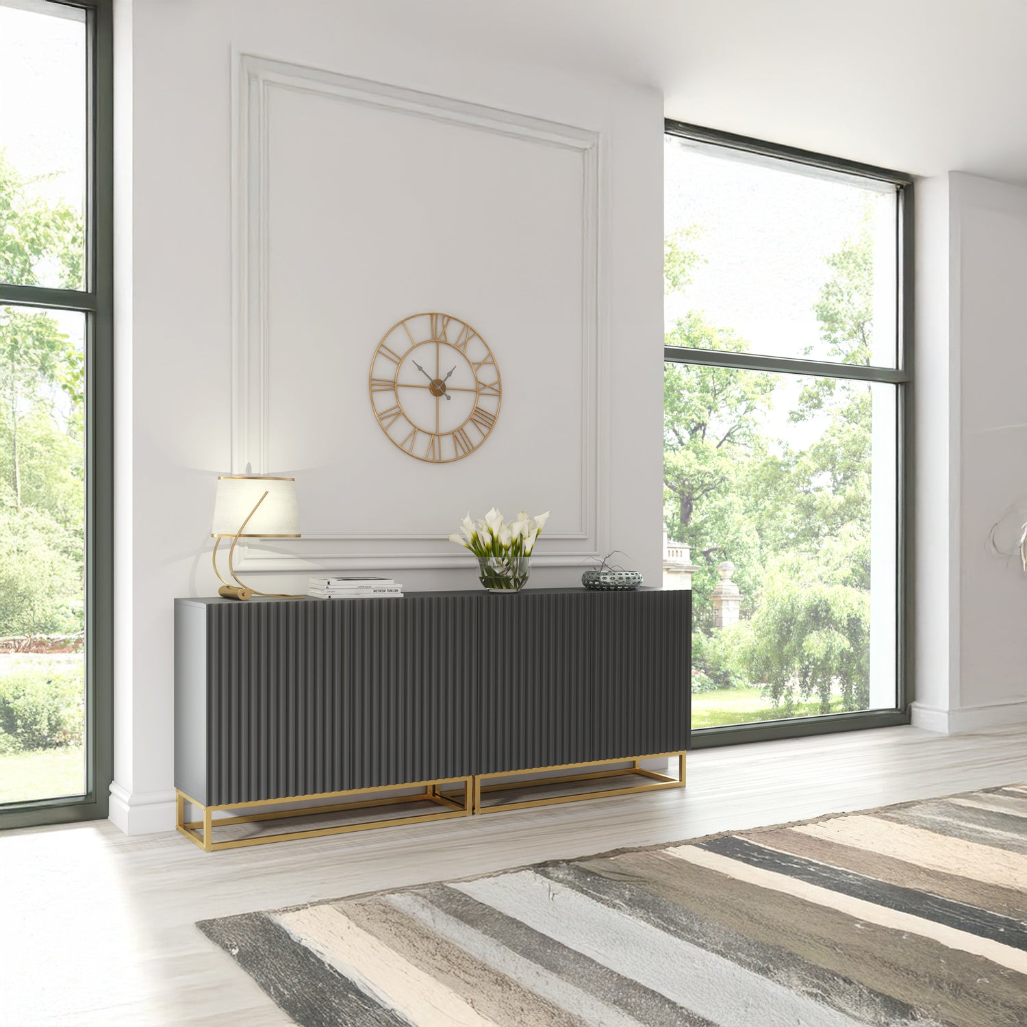 Sideboard Cabinet – 200cm – Fluted Doors – Push to Open – Gold Base – VESTA Collection