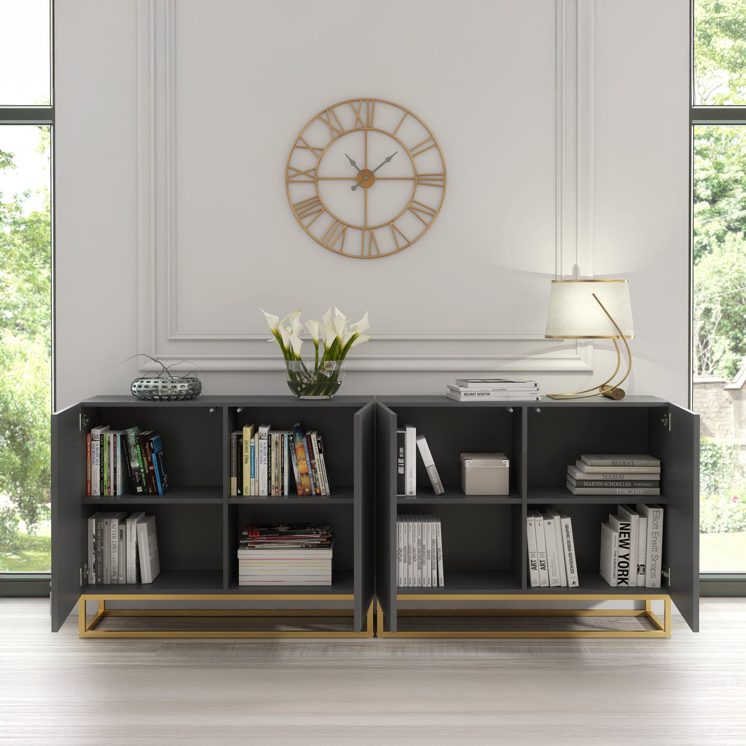 Sideboard Cabinet – 200cm – Fluted Doors – Push to Open – Gold Base – VESTA Collection
