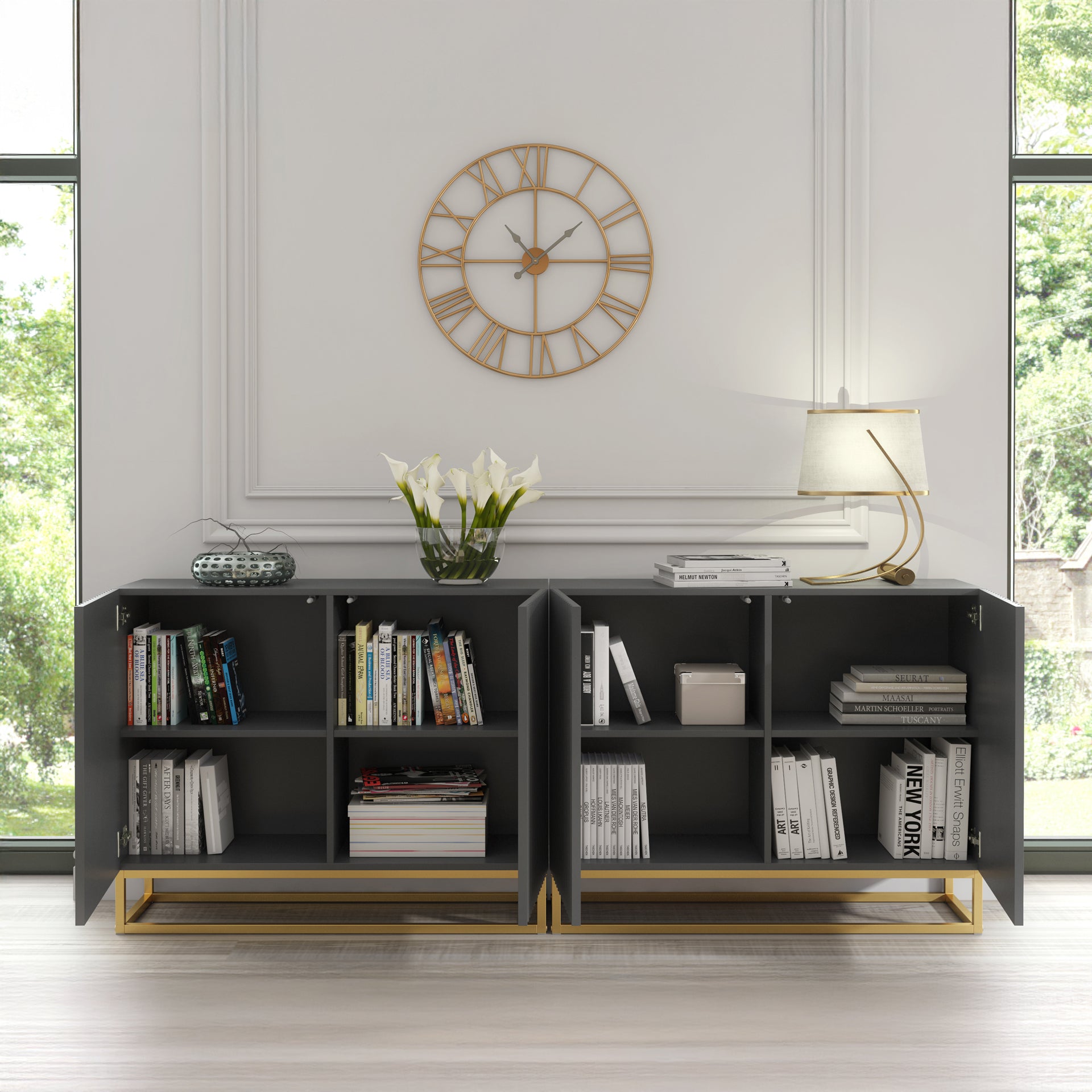 Sideboard Cabinet – 200cm – Fluted Doors – Push to Open – Gold Base – VESTA Collection