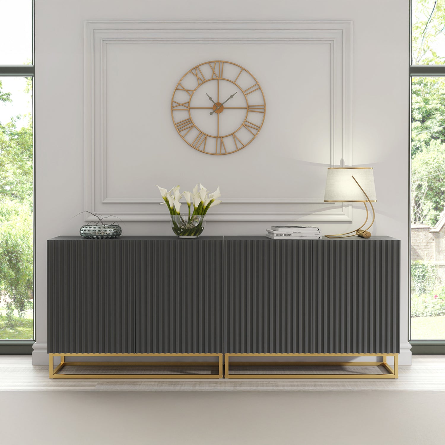 Sideboard Cabinet – 200cm – Fluted Doors – Push to Open – Gold Base – VESTA Collection