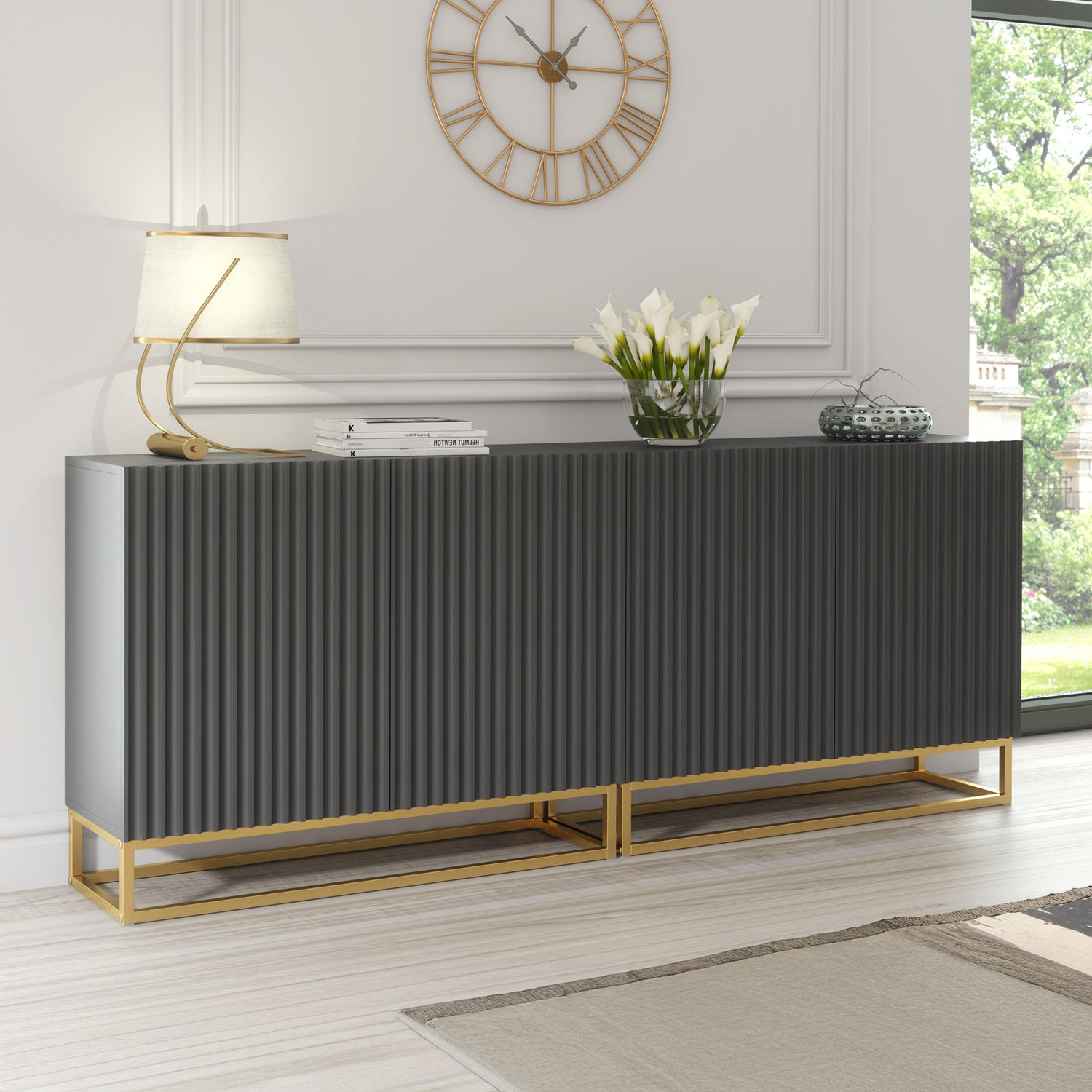 Sideboard Cabinet – 200cm – Fluted Doors – Push to Open – Gold Base – VESTA Collection
