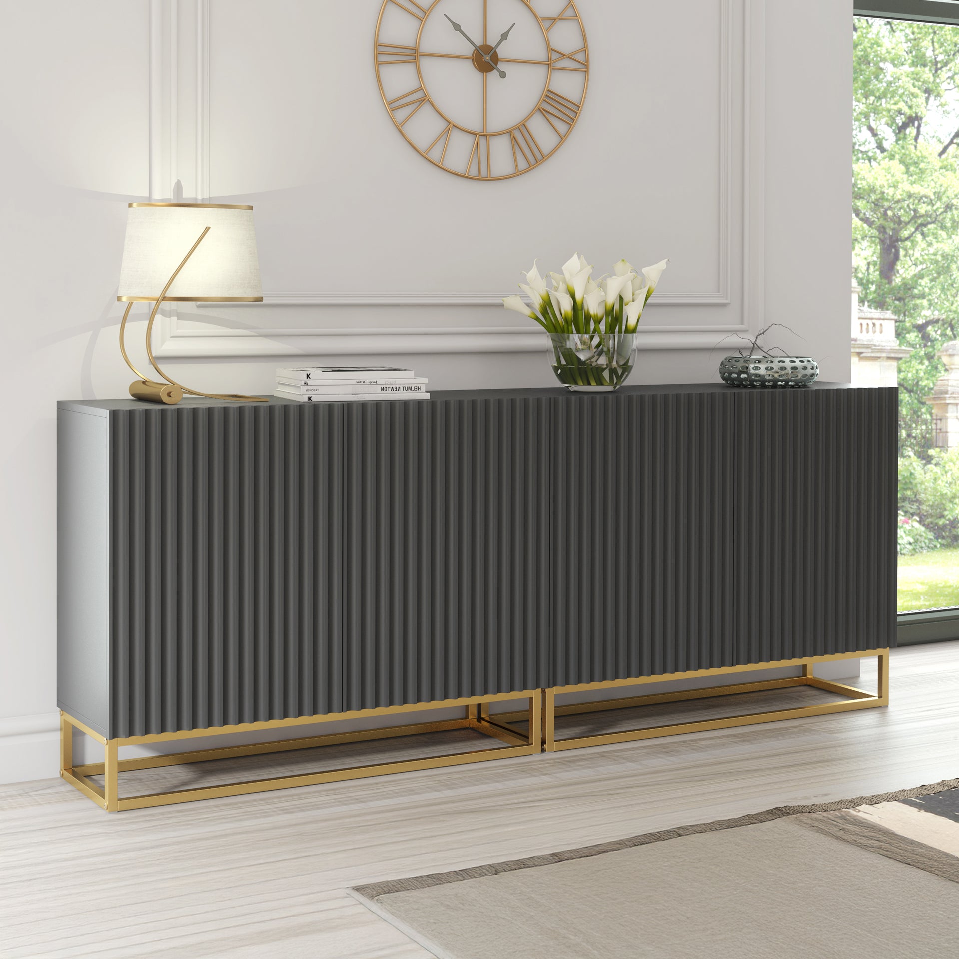 Sideboard Cabinet – 200cm – Fluted Doors – Push to Open – Gold Base – VESTA Collection