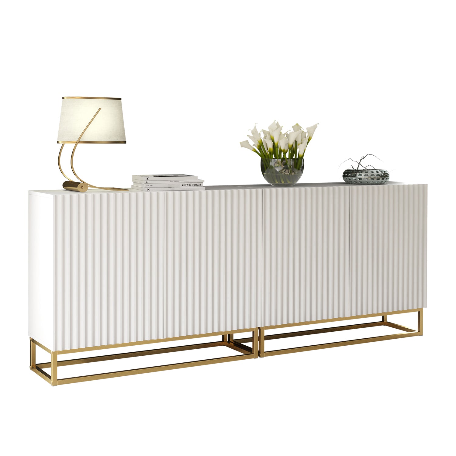Sideboard Cabinet – 200cm – Fluted Doors – Push to Open – Gold Base – VESTA Collection