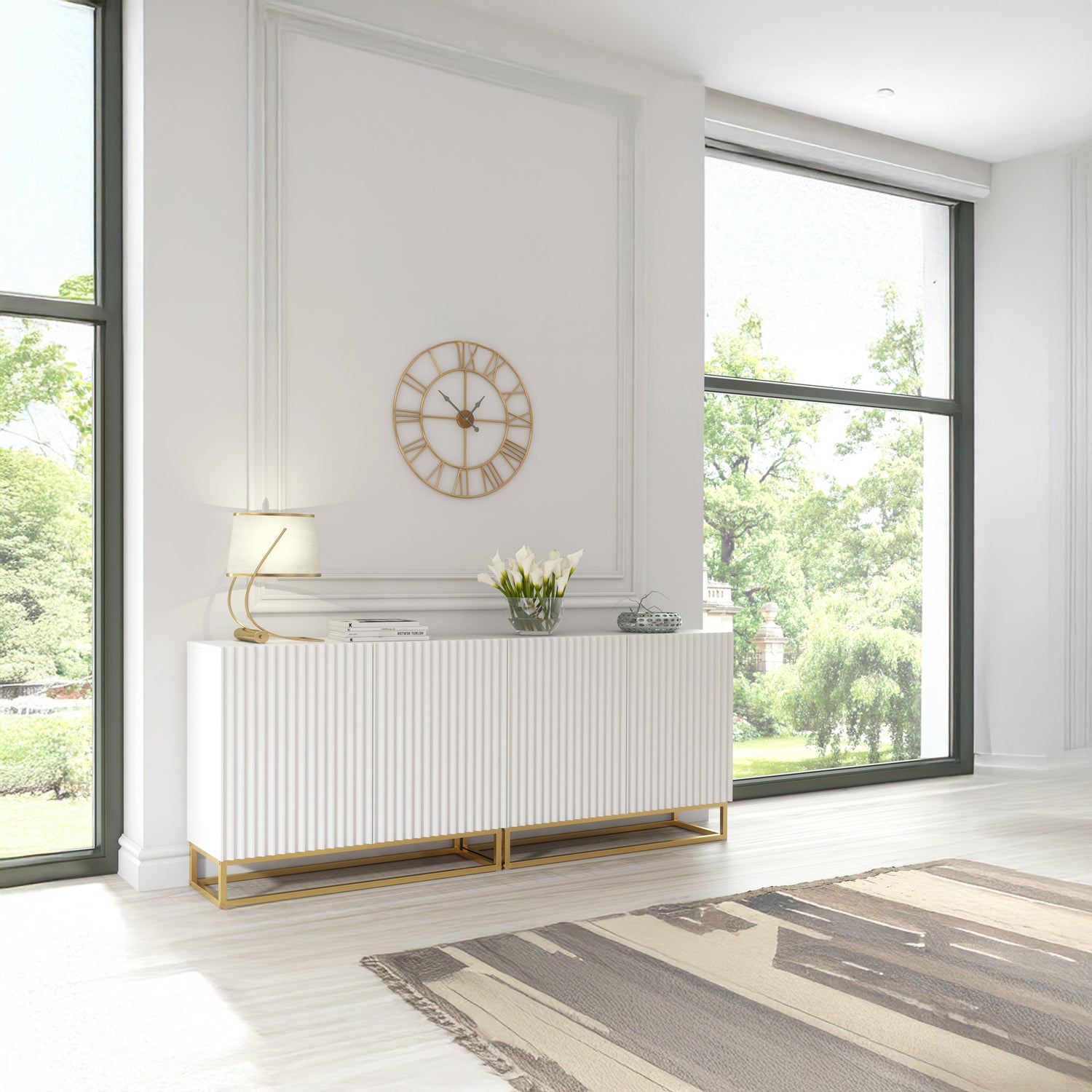 Sideboard Cabinet – 200cm – Fluted Doors – Push to Open – Gold Base – VESTA Collection