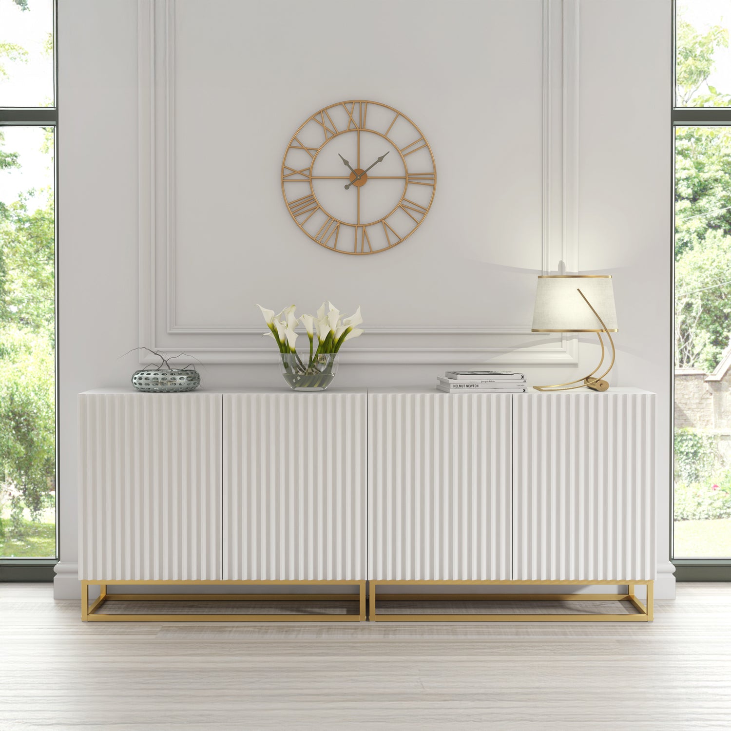 Sideboard Cabinet – 200cm – Fluted Doors – Push to Open – Gold Base – VESTA Collection